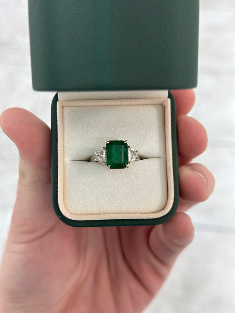 4.79tcw AAA Dark Green Emerald & VVS Diamond Three Stone Ring in 18K White Gold - Elegant Engagement, Anniversary or Gift Jewelry for Women