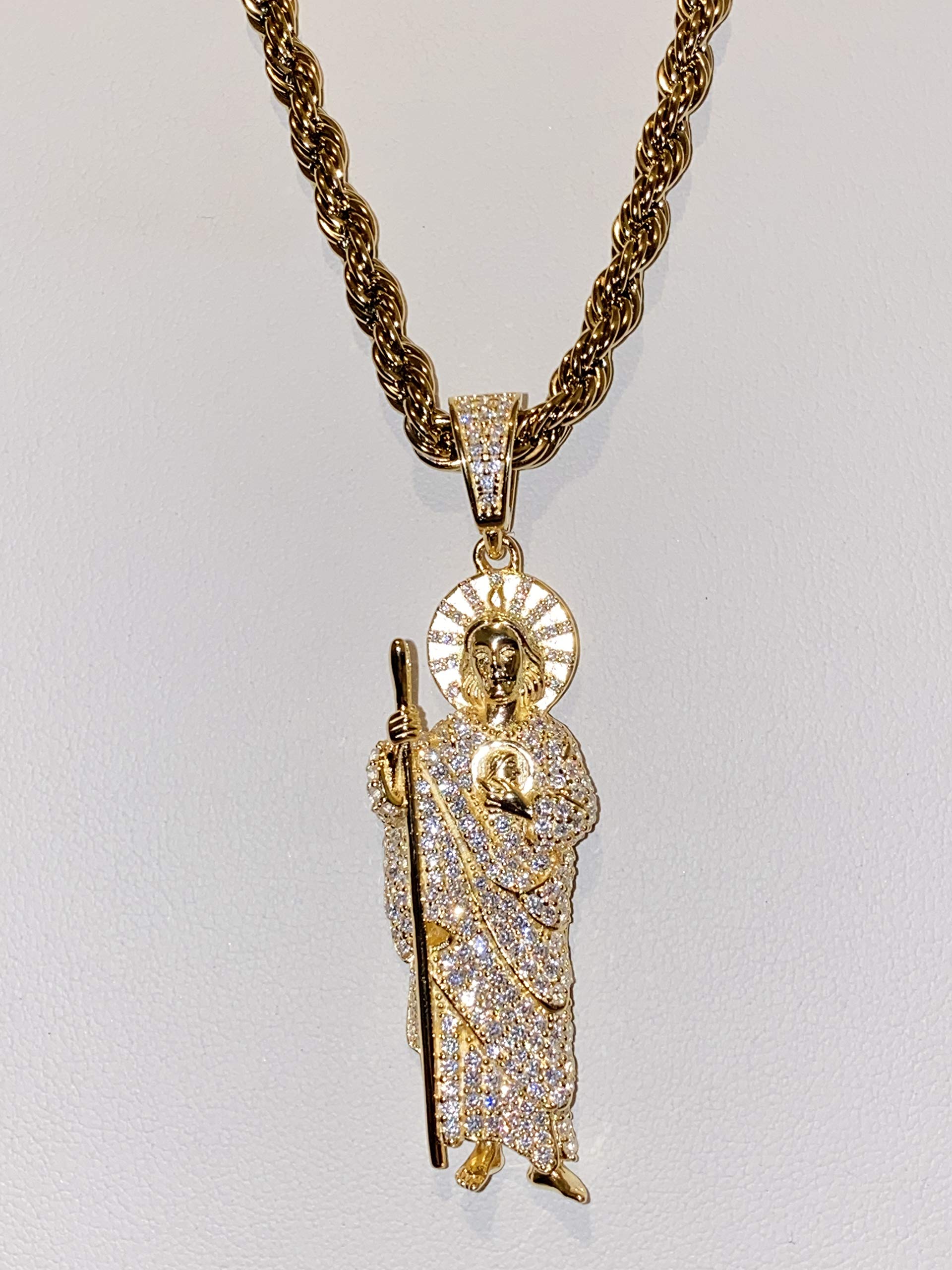 925 Sterling Silver Iced Out Saint Jude Pendant Necklace for Men & Women - 2mm Stainless Steel Rope Chain, Gold Finish - Perfect for Gifts, Everyday Wear & Religious Jewelry Collection