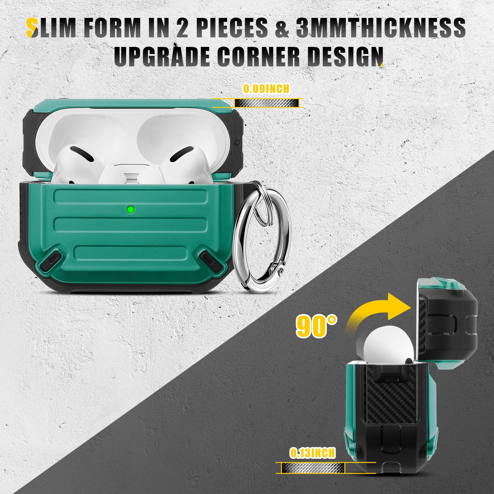Rugged AirPods Pro Case with Keychain - Shockproof TPU Cover for Charging Case, Midnight Green - Perfect for Travel & Outdoor Use