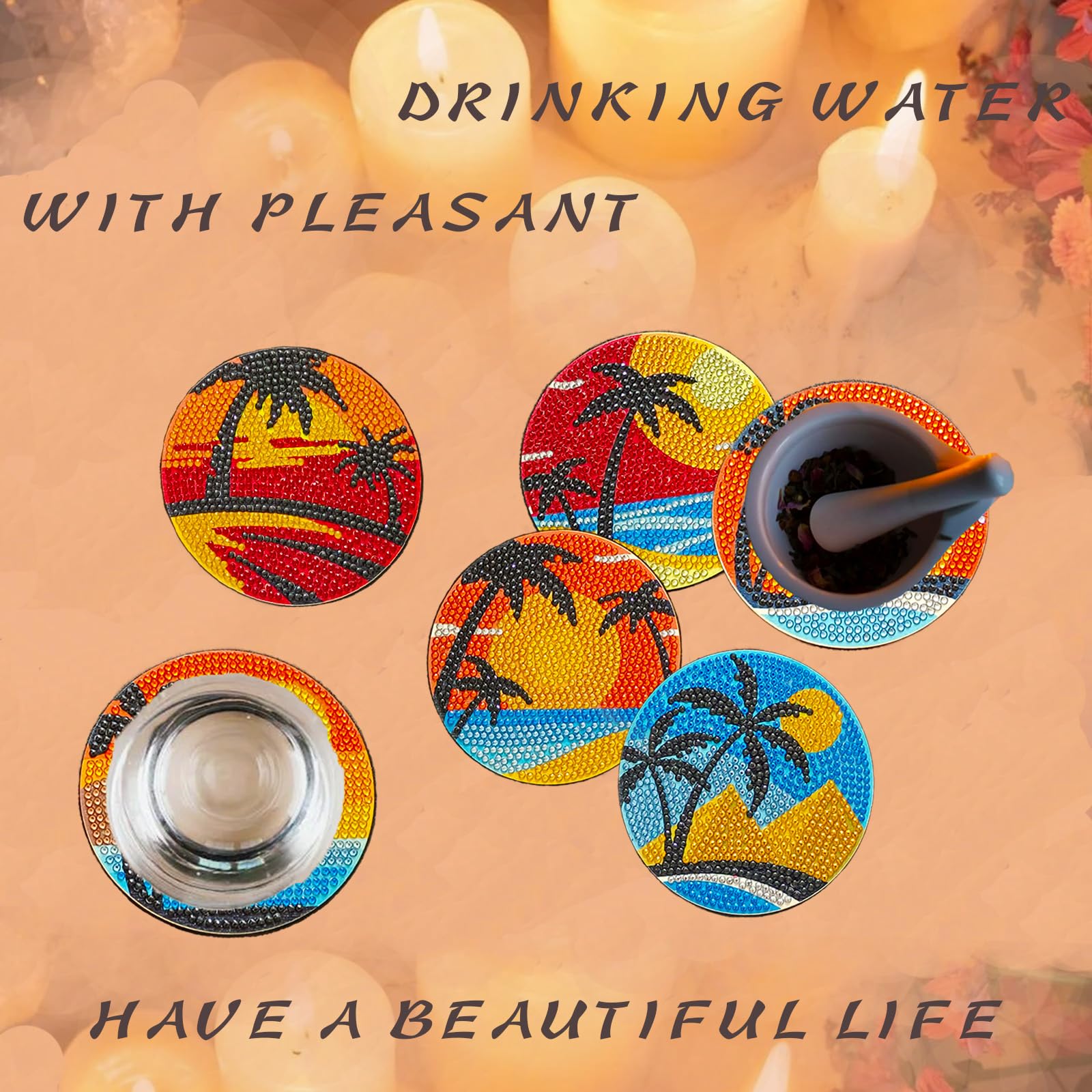 Diamond Painting Coasters Kit - 6 Pcs Sunset DIY Diamond Art with Holder & Cork Pad, Non-Slip Coasters for Beginners & Adults, Perfect Gift for Kids - Ideal for Home Decor, Coffee Table & Craft Projects