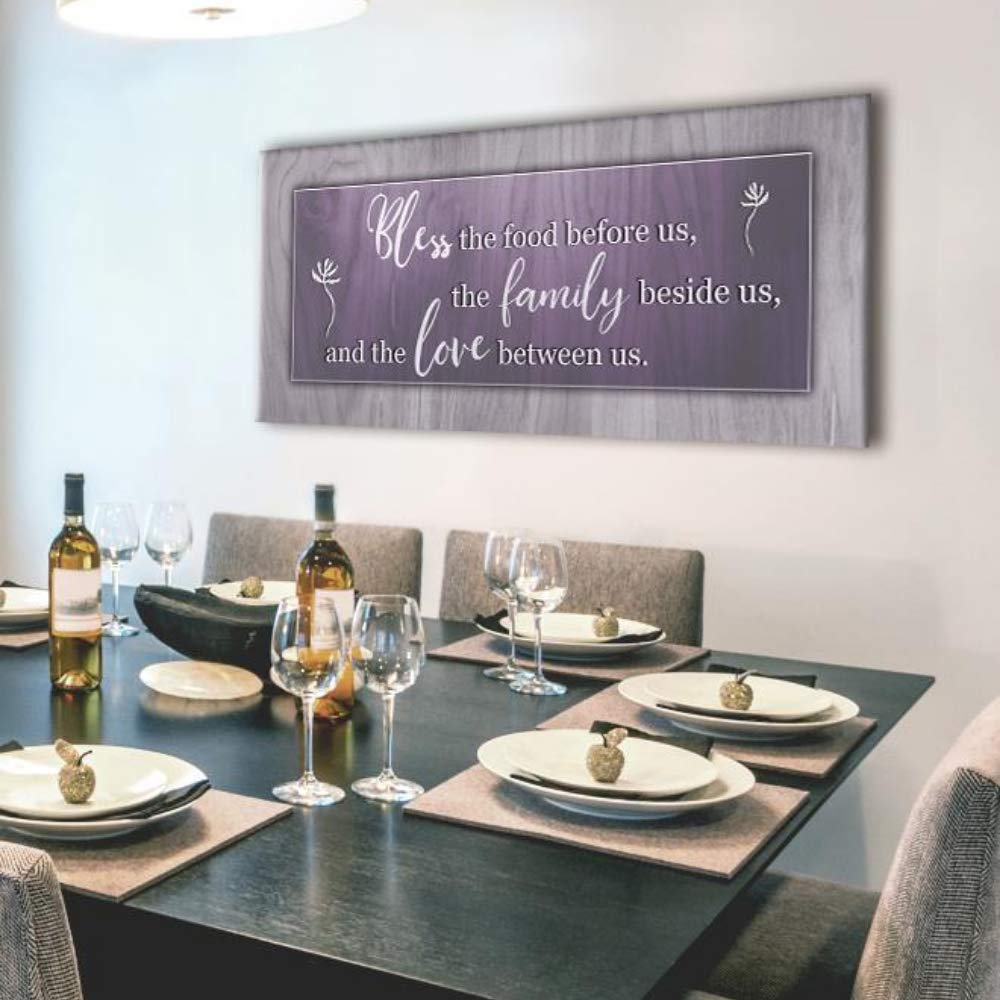 Bless the Food Before Us Framed Wall Art - Purple Kitchen & Dining Room Decor Sign (42x19 Inches) for Farmhouse, Rustic & Christian Home Decor
