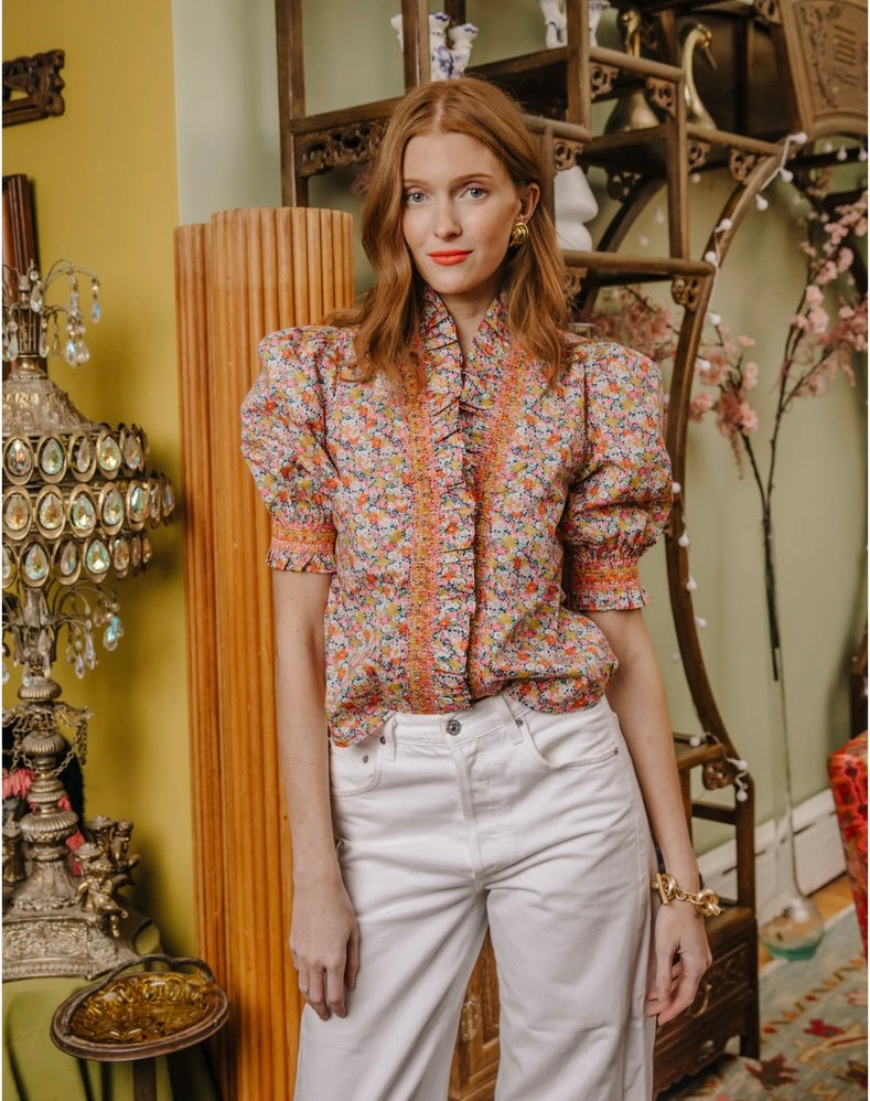 Zuri Women's Short Sleeve Blouse - Floral Libby Print Cotton Top for Casual Wear & Summer Outfits