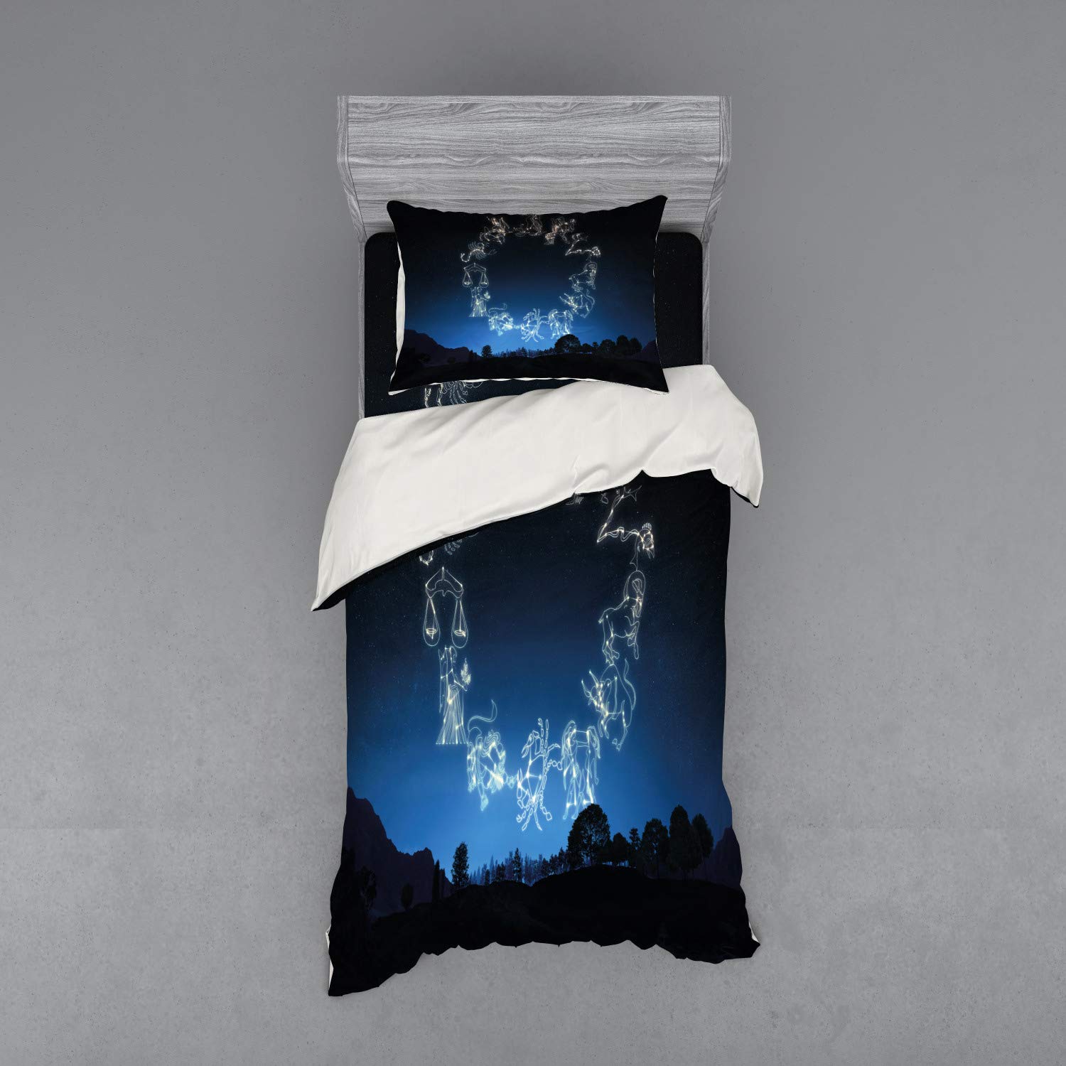 Ambesonne Astrology Bedding Set - 3 Piece Twin XL Duvet Cover with Sham & Fitted Sheet, Dark Blue & White Zodiac Dot Print for Night Sky Theme Bedroom Decor | Perfect for Teens, Dorms & Celestial Lovers
