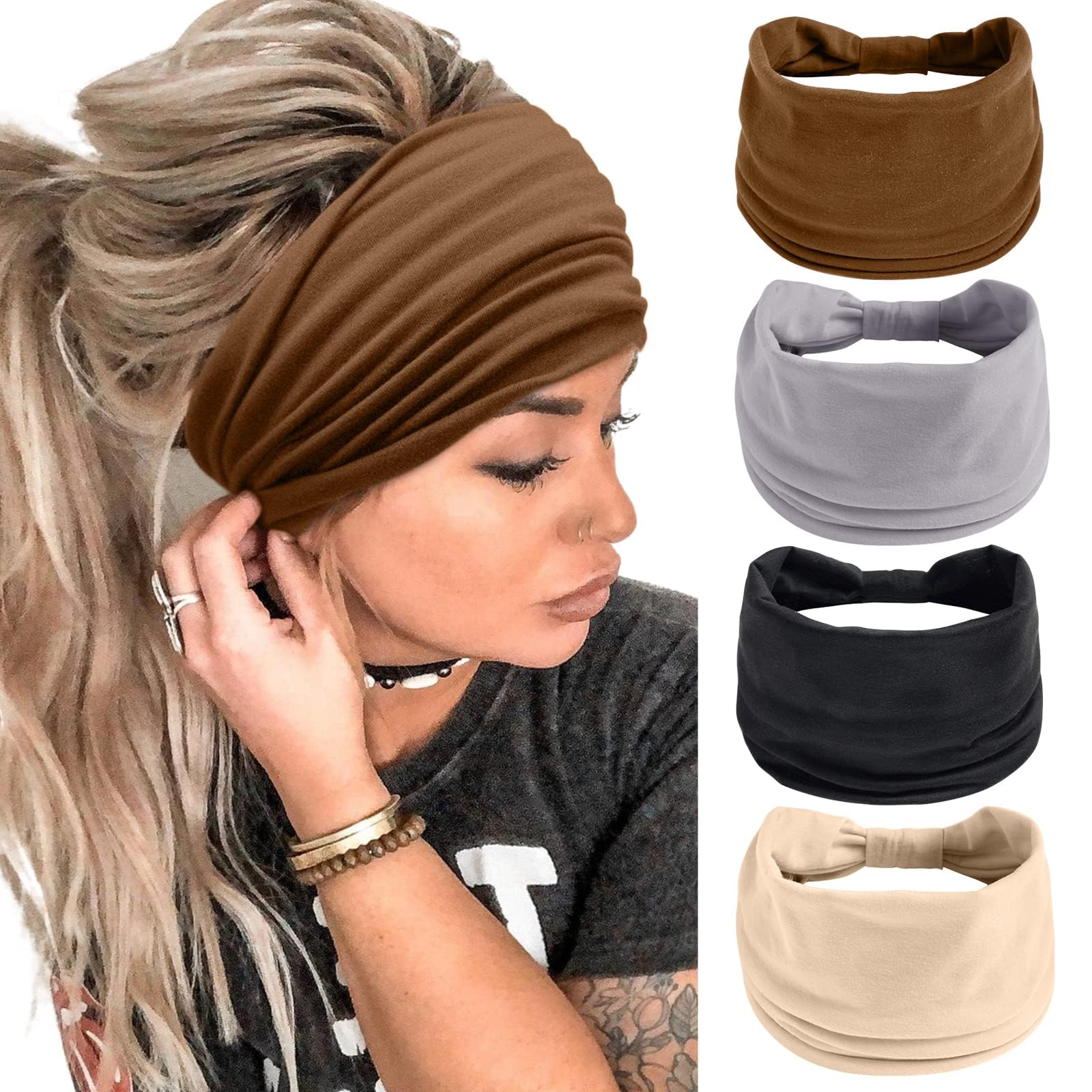 Stylish Wide Headbands for Women - Pack of 4 Black Boho Thick Hairbands, African Print Yoga Head Wraps & Sport Turban Headband Accessories - Perfect for Workouts, Yoga, Running and Fashion Styling