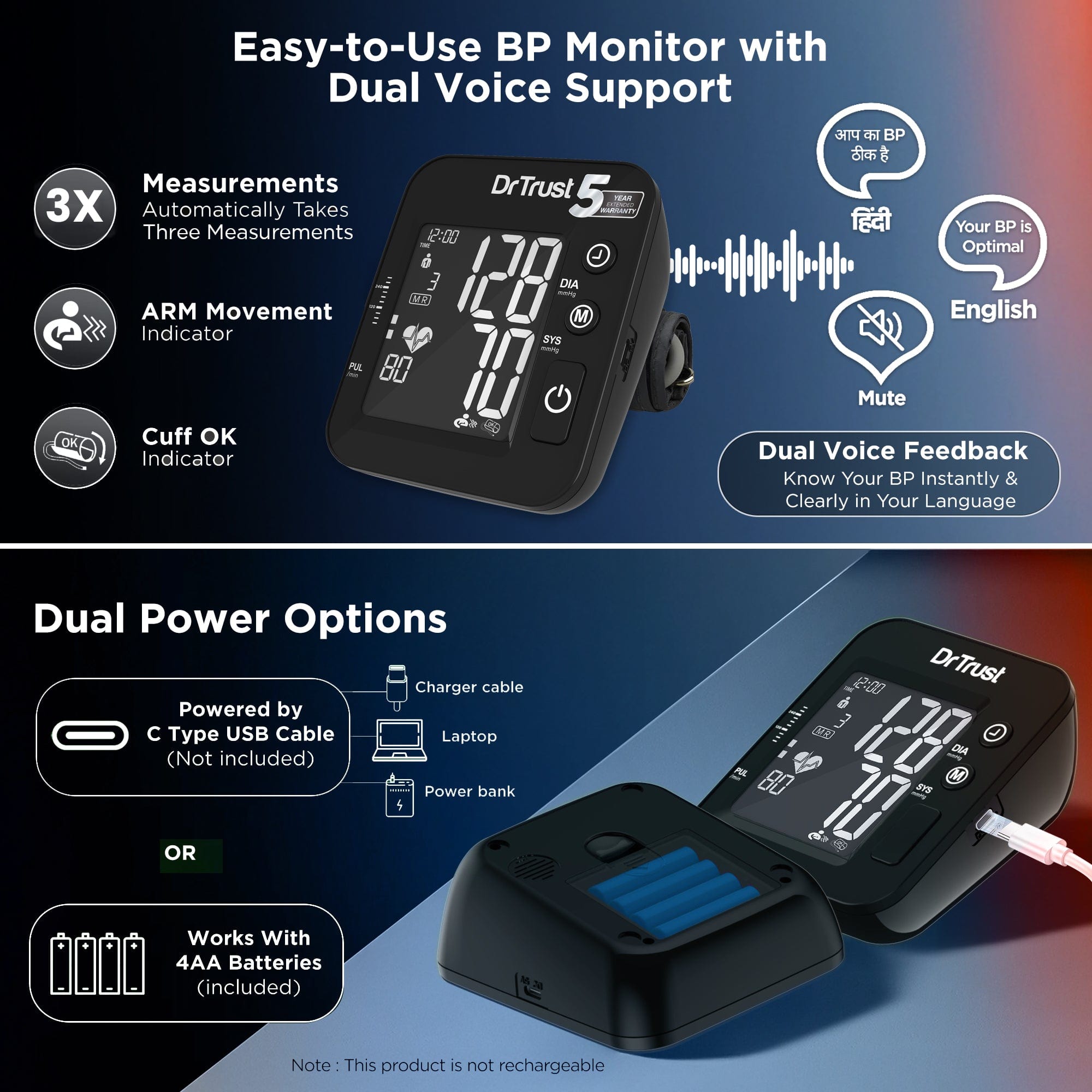 Dr Trust USA IntelliTrack Dual Fully Automatic Talking Blood Pressure Monitor with USB & Battery Power - Accurate Digital BP Machine for Home Use (Black) - Ideal for Daily Health Tracking & Senior Care