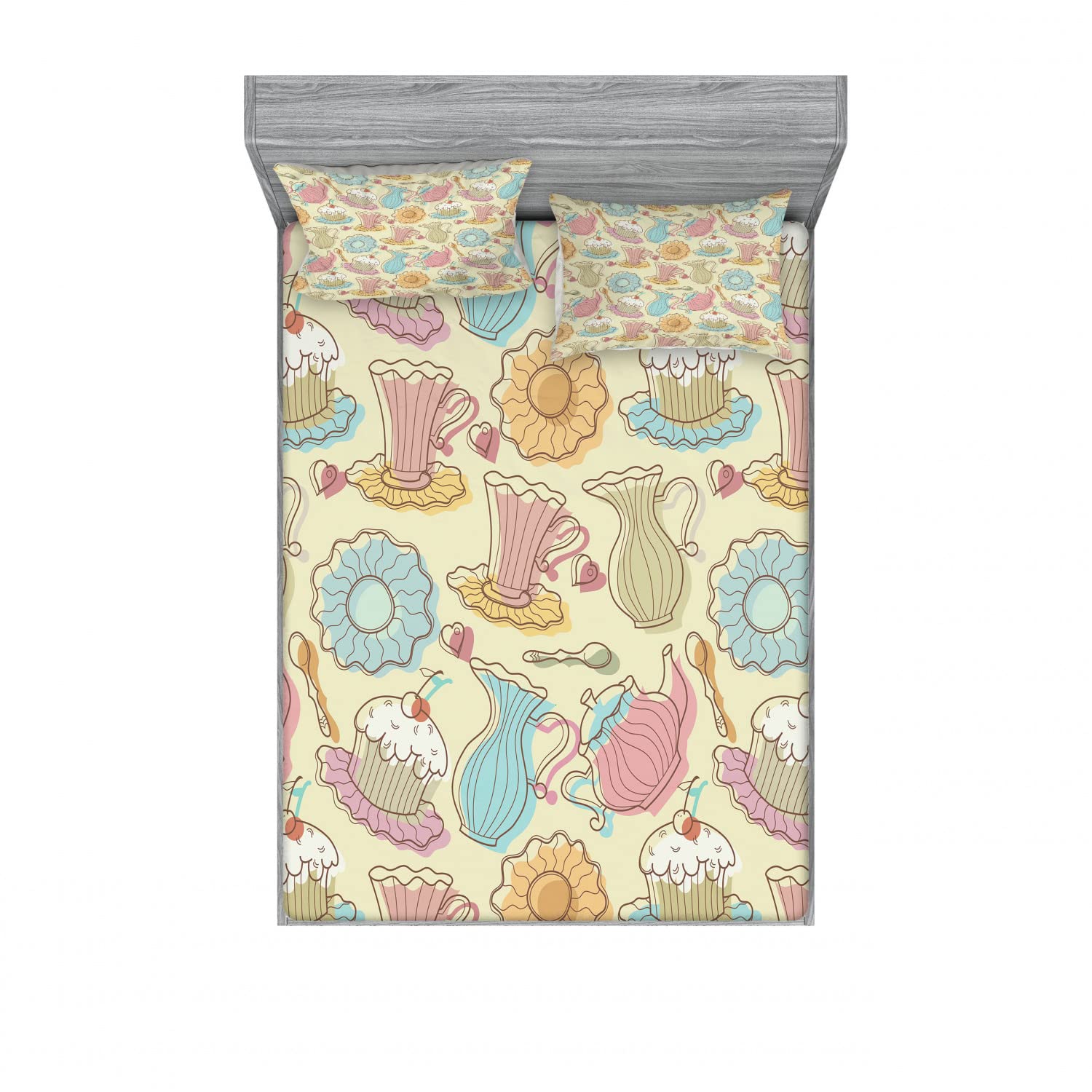 Ambesonne 2-Piece King Size Fitted Sheet Set with 4 Pillow Shams - Vintage Tea Party Cupcake & Mug Print Bedding Collection - Colorful Retro Kitchen Themed Decor for Guest Rooms, Dorms & Themed Parties