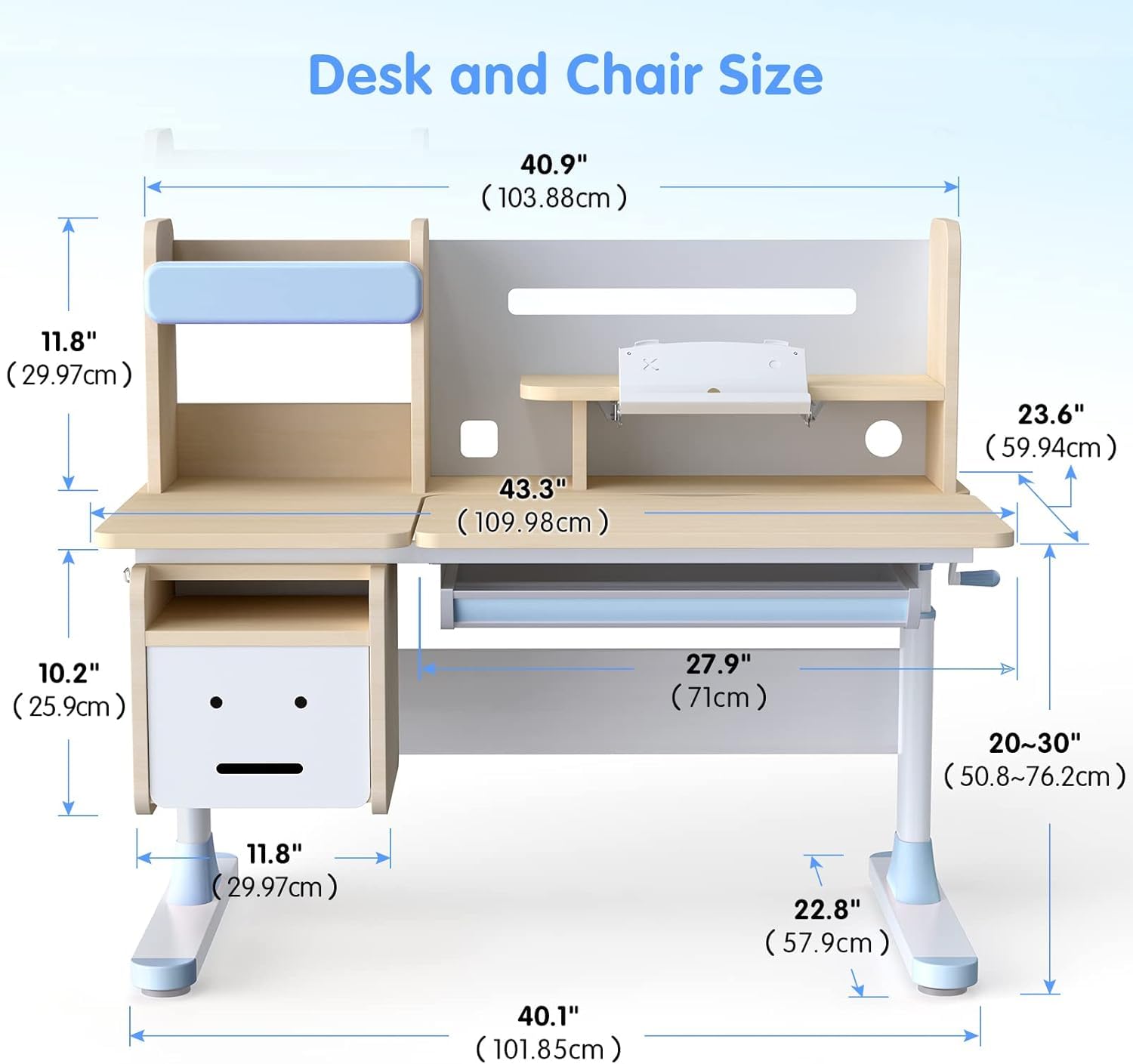 Adjustable Height Kids Study Desk with Chair - Blue Wooden Drafting Table, Computer Workstation & Built-in Bookshelf Hutch - Multi-Functional Learning Furniture for Home, School & Office Use