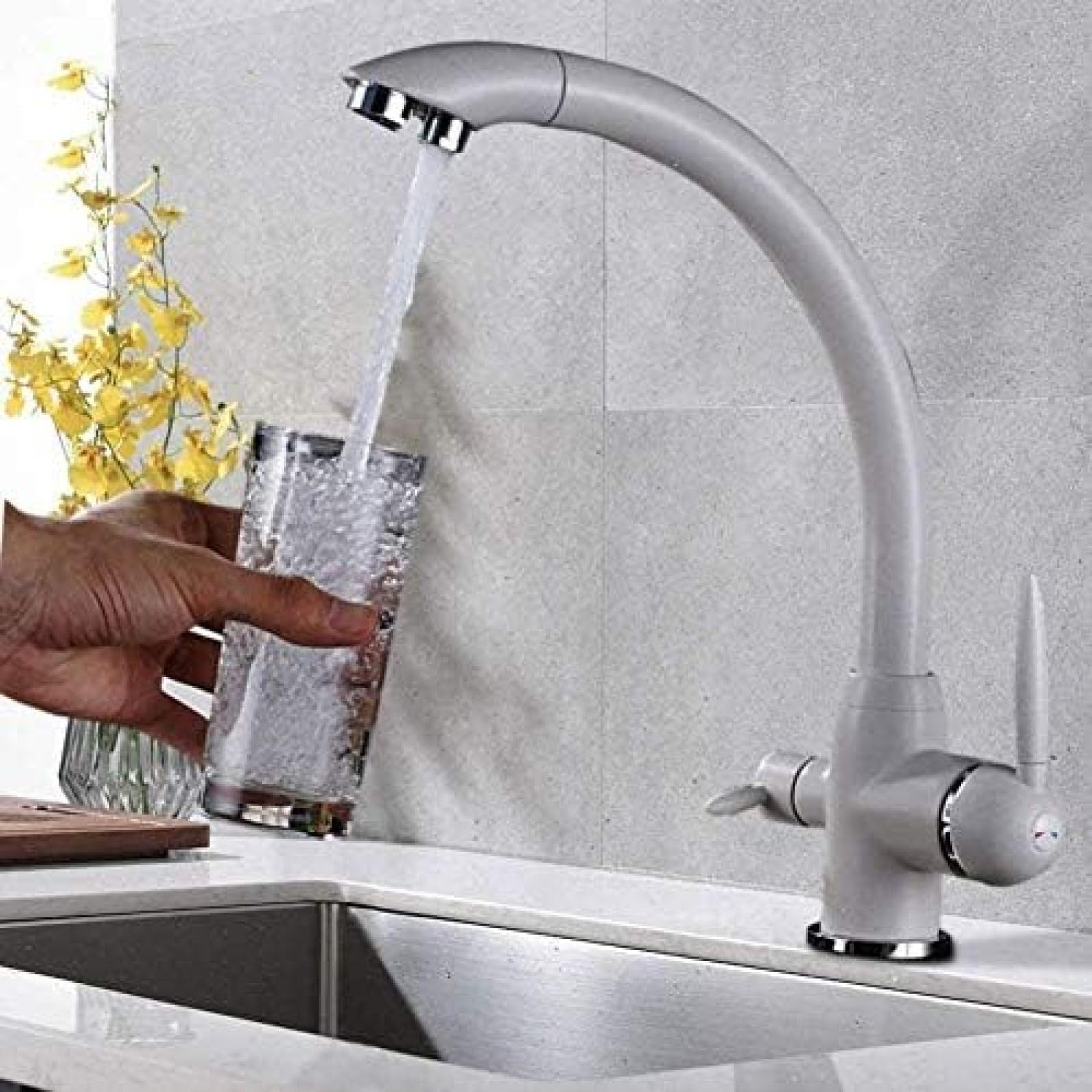 CRJUS Dual Handle Brass Kitchen Faucet with Hot & Cold Water Mixer - Deck Mount One Hole Sink Tap for Drinking & Cooking | Perfect for Modern Home Kitchens & Restaurants