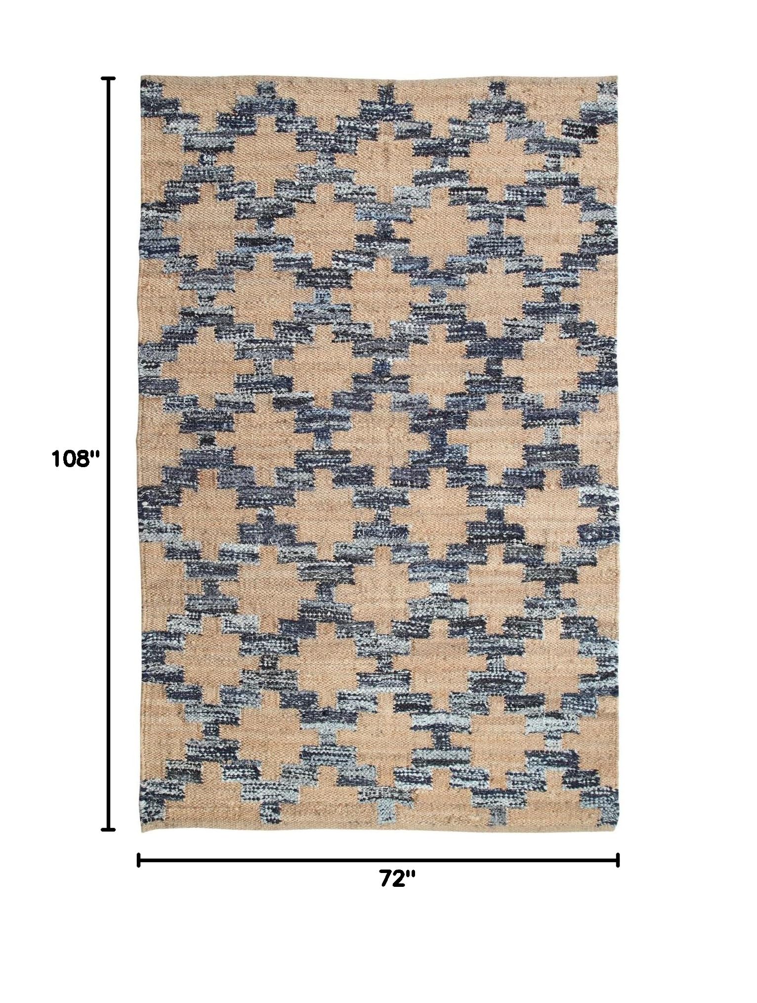 Handmade Jute & Cotton Area Rug - Sun Trellis Diamond Chevron Pattern, Natural Fiber, 6x9 Feet, Denim Jute - Perfect for Boho Living Room, Bedroom or Nursery Decor