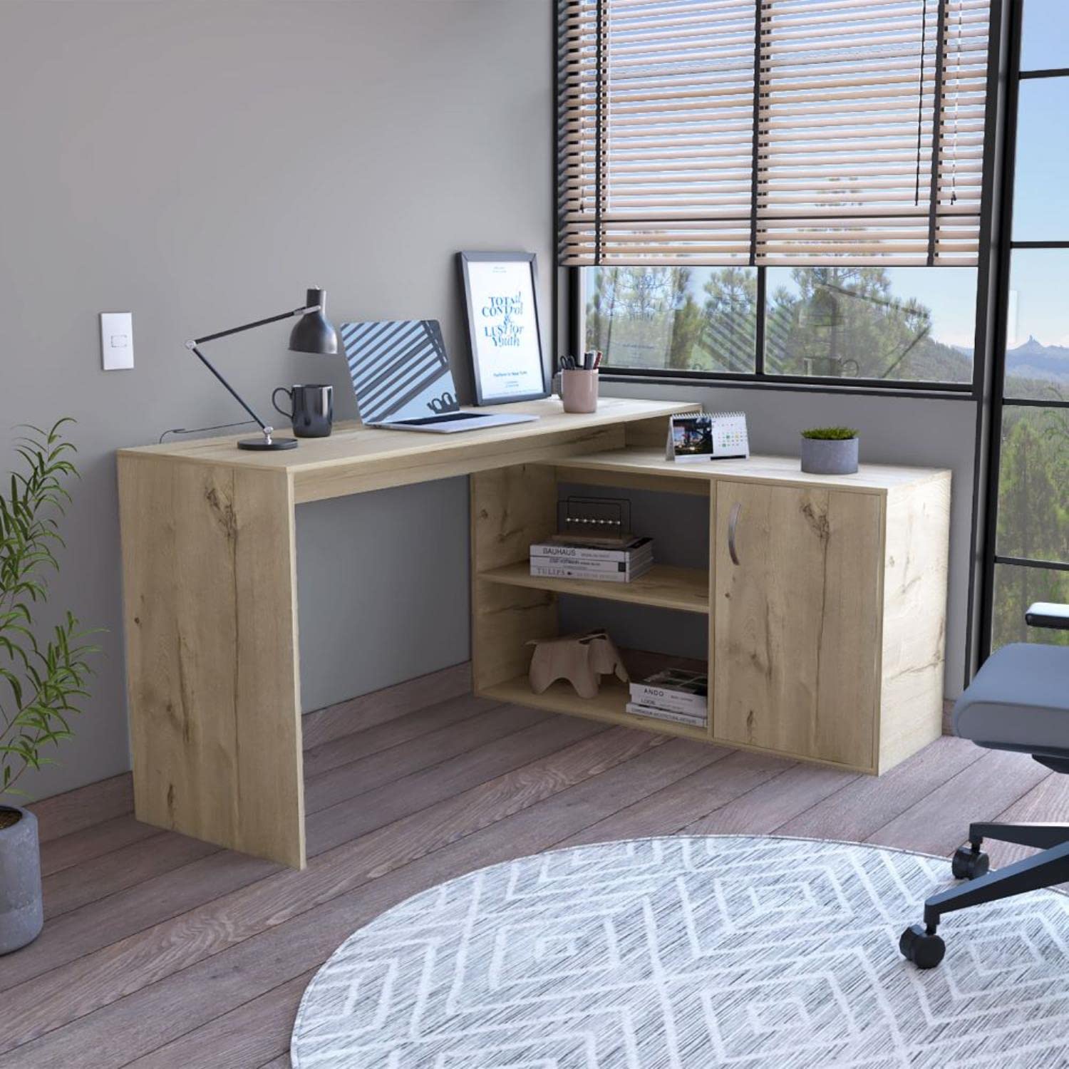 Boston L-Shaped Desk with Storage - Single Door Cabinet, 2 Open Shelves & 2 Interior Shelves in Light Oak Finish - Perfect for Home Office, Study Room & Small Spaces