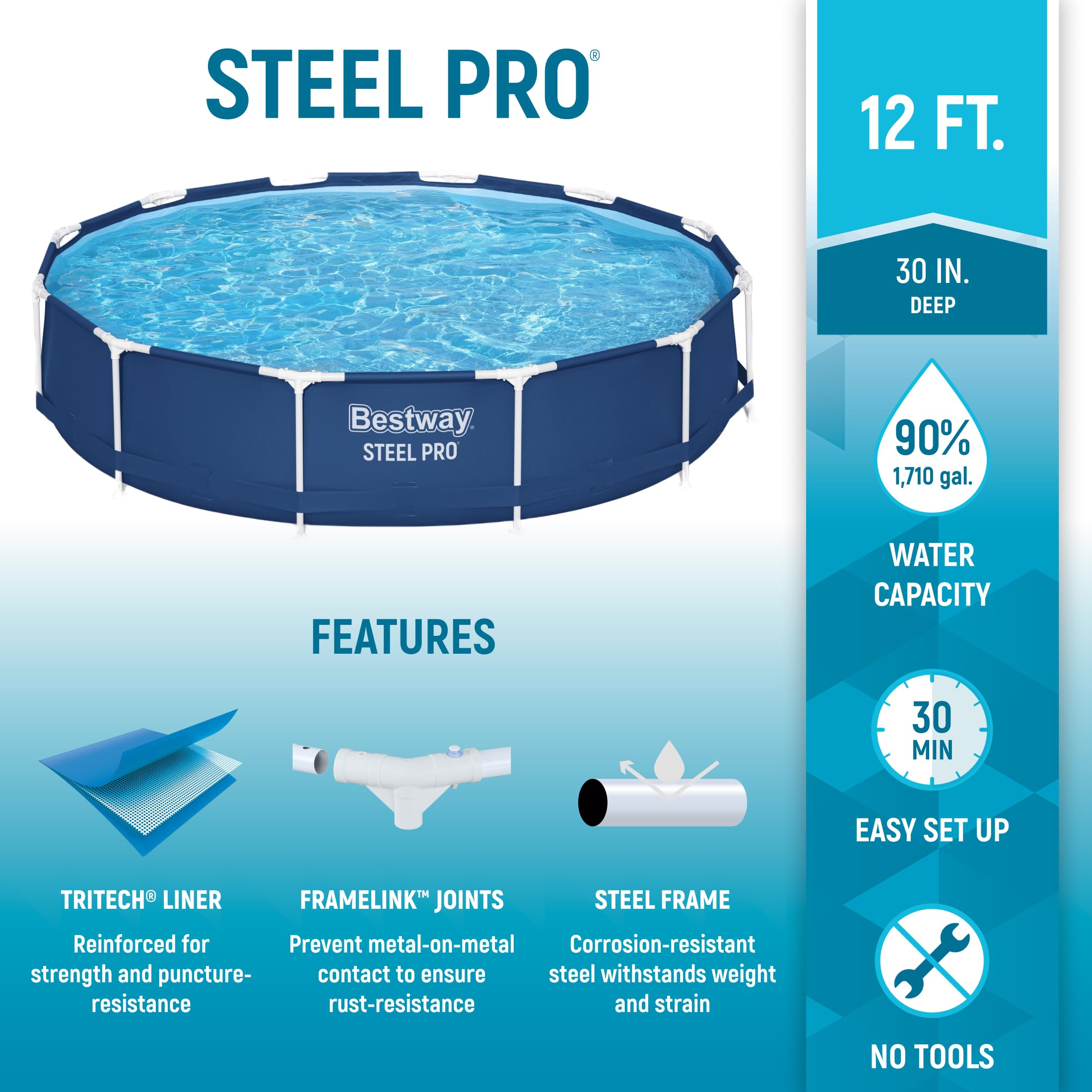 Bestway Steel Pro 12ft x 30in Round Above Ground Swimming Pool Set - 1,710 Gallon Capacity with DuraPlus Liner, 530GPH Filter Pump & Repair Patch | Perfect for Backyard Family Fun, Summer Parties & Outdoor Relaxation