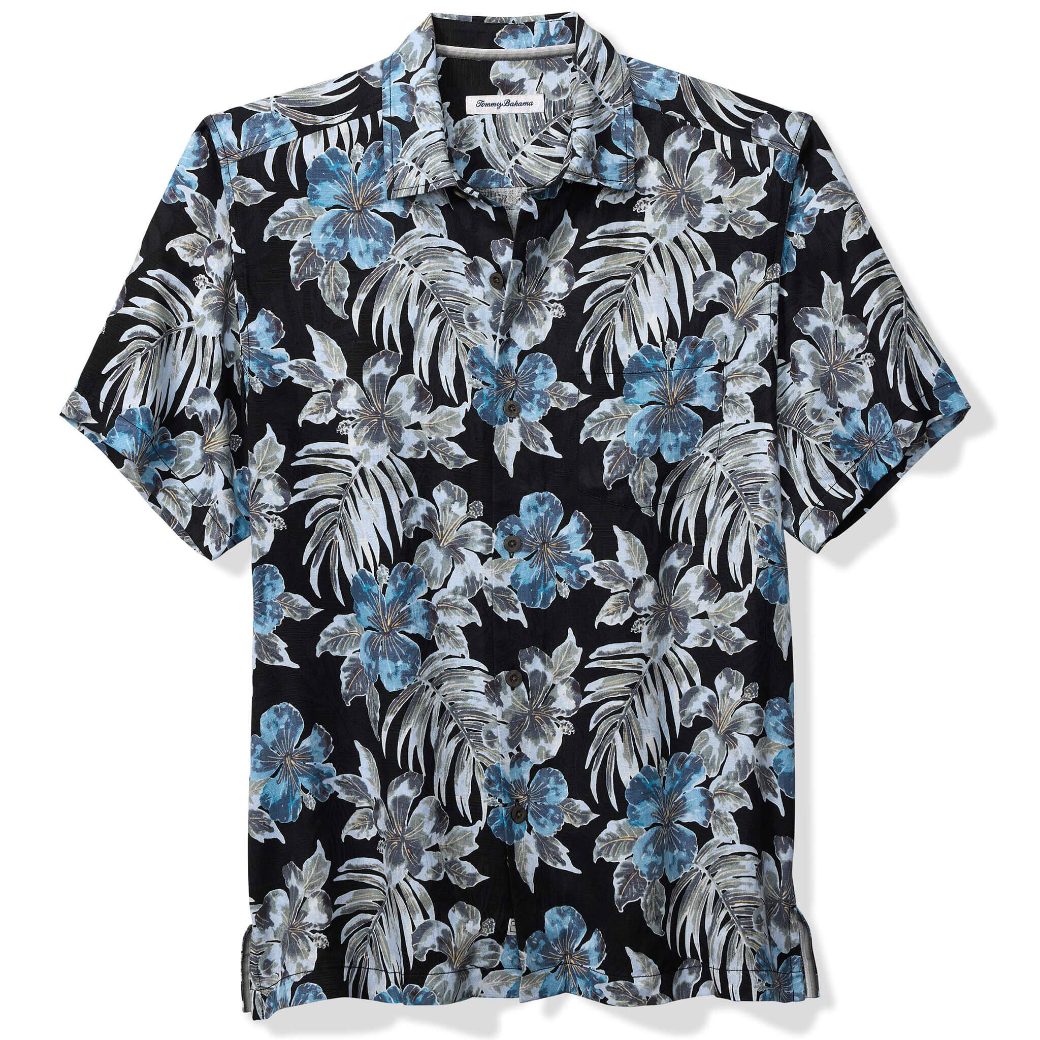 Tommy Bahama Men's Ravello Blooms Silk Camp Shirt - Matte Black | Lightweight Breathable Hawaiian Style Button Down for Summer Vacation & Beach Party