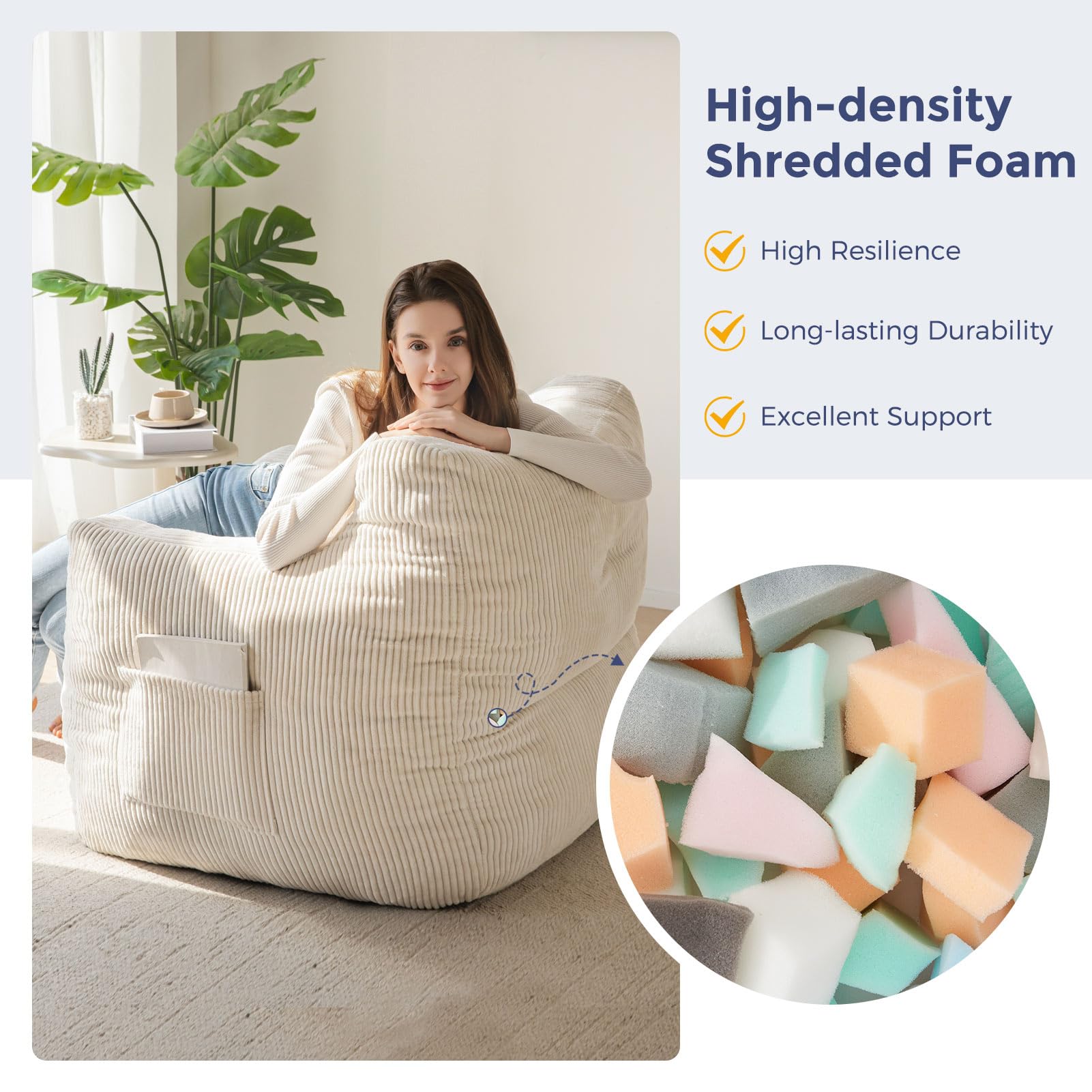 Premium Tufted Bean Bag Chair - Cozy Corded Fabric Sofa for Living Room, Bedroom & Dorm - Comfortable Lazy Chair for Adults, Teens & Kids (Beige) - Perfect for Relaxing, Gaming & Movie Nights