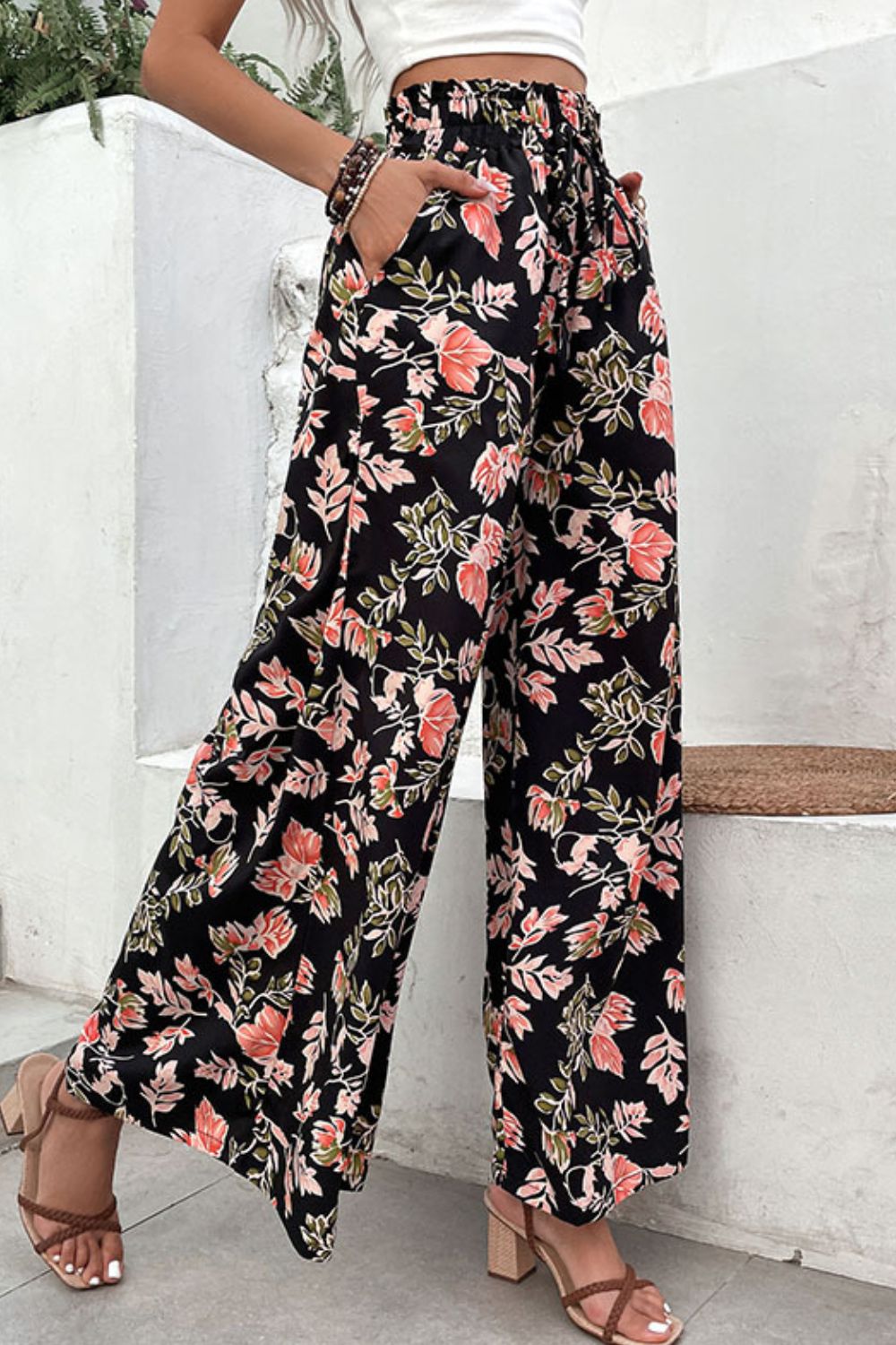 Floral Print Wide Leg Pants for Women - Comfortable Pull On Resort Trousers - Perfect for Beach Vacation, Summer Travel and Casual Wear