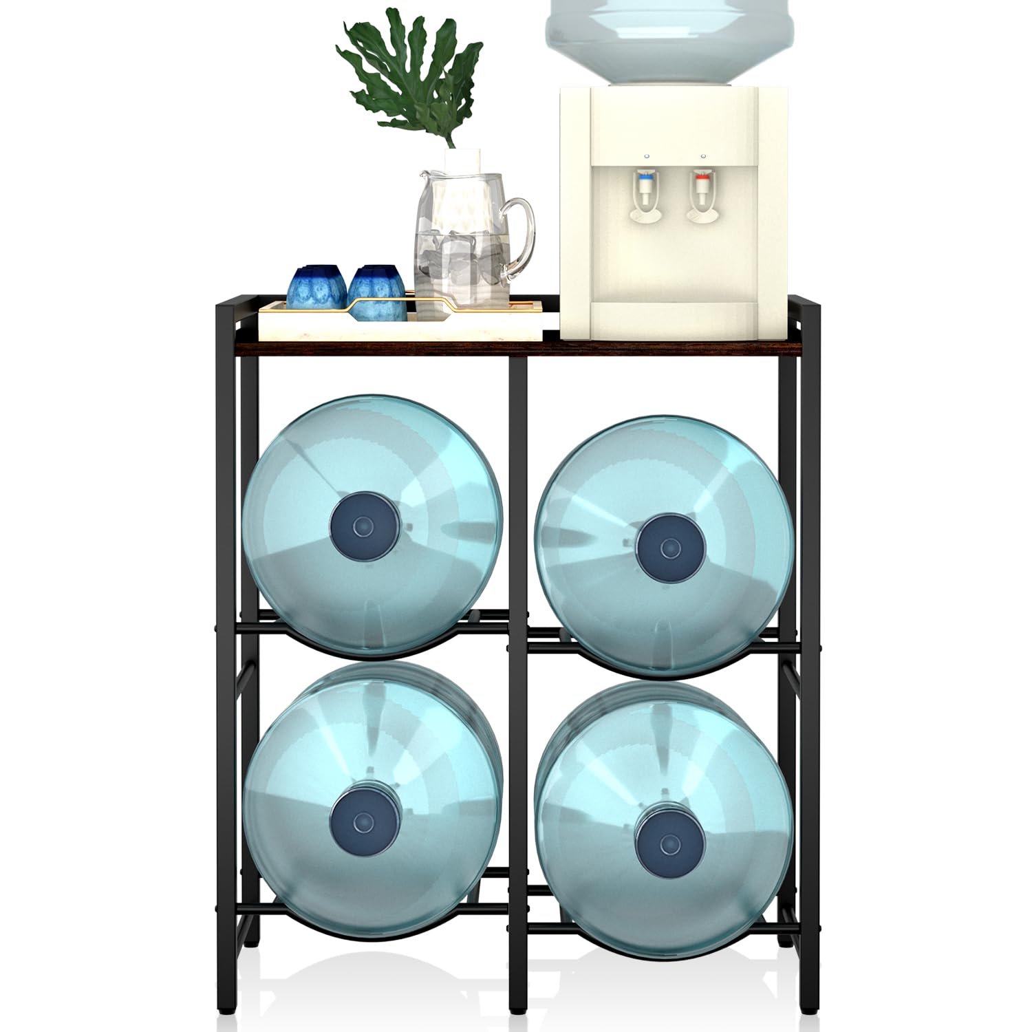 5 Gallon Water Jug Holder Stand for 4 Bottles - Heavy Duty Rustic Brown Wood Top Shelf Water Dispenser Organizer - Perfect for Home Kitchen, Office, Living Room & Outdoor Camping Use