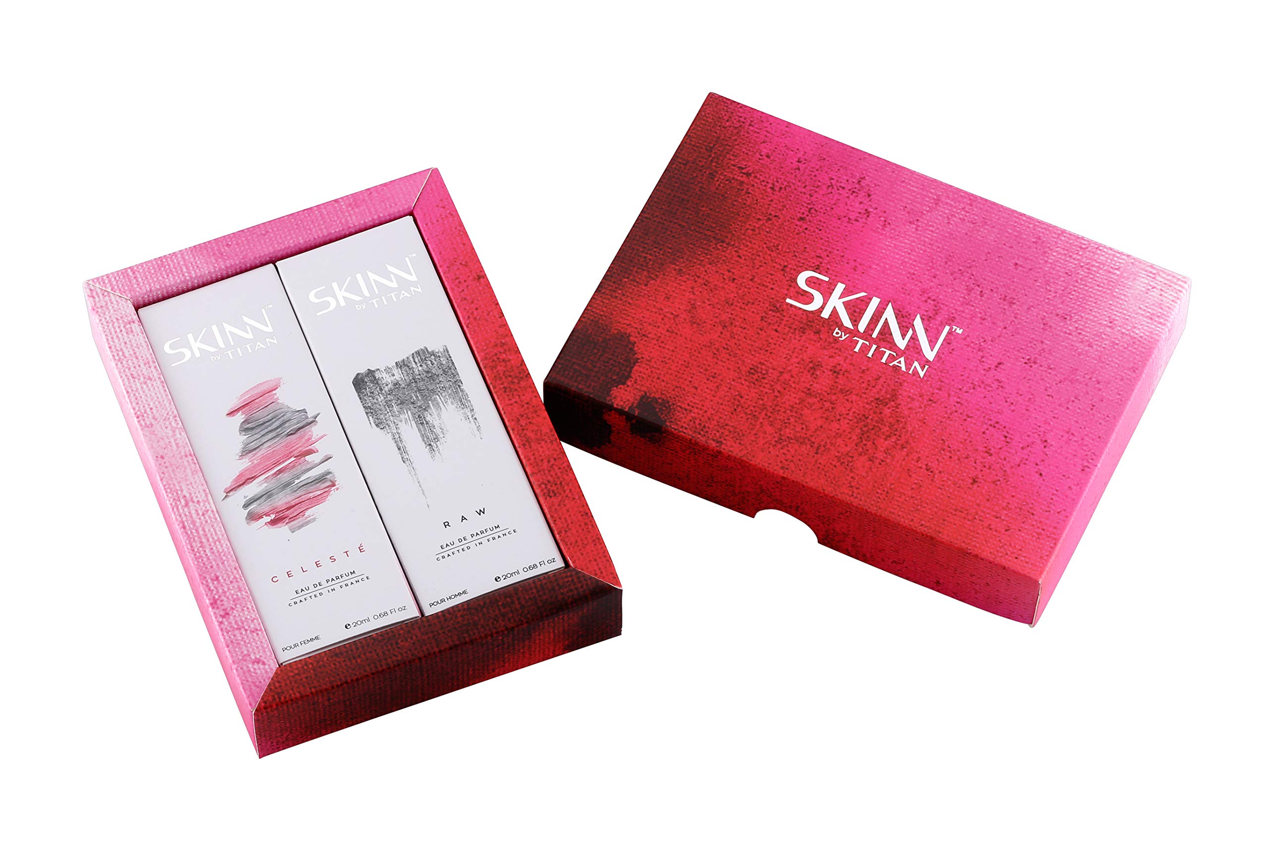 Skinn By Titan Unisex Perfume Gift Set - Raw & Celeste Long Lasting Woody Spray Fragrance (20ml x 2) | Travel Size Perfume for Men & Women | Romantic Gift for Couples | Perfect for Date Nights, Anniversaries & Special Occasions