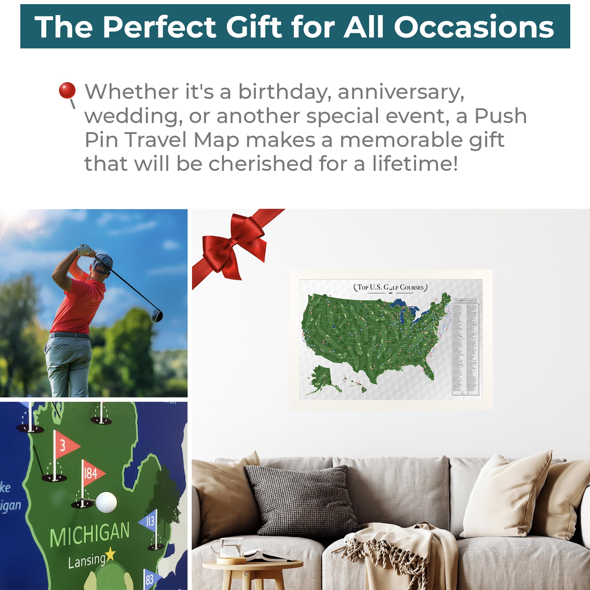 Custom Push Pin Travel Map of USA Golf Courses - Textured White Framed Wall Art with 150 Pins - Handmade in USA (27.5