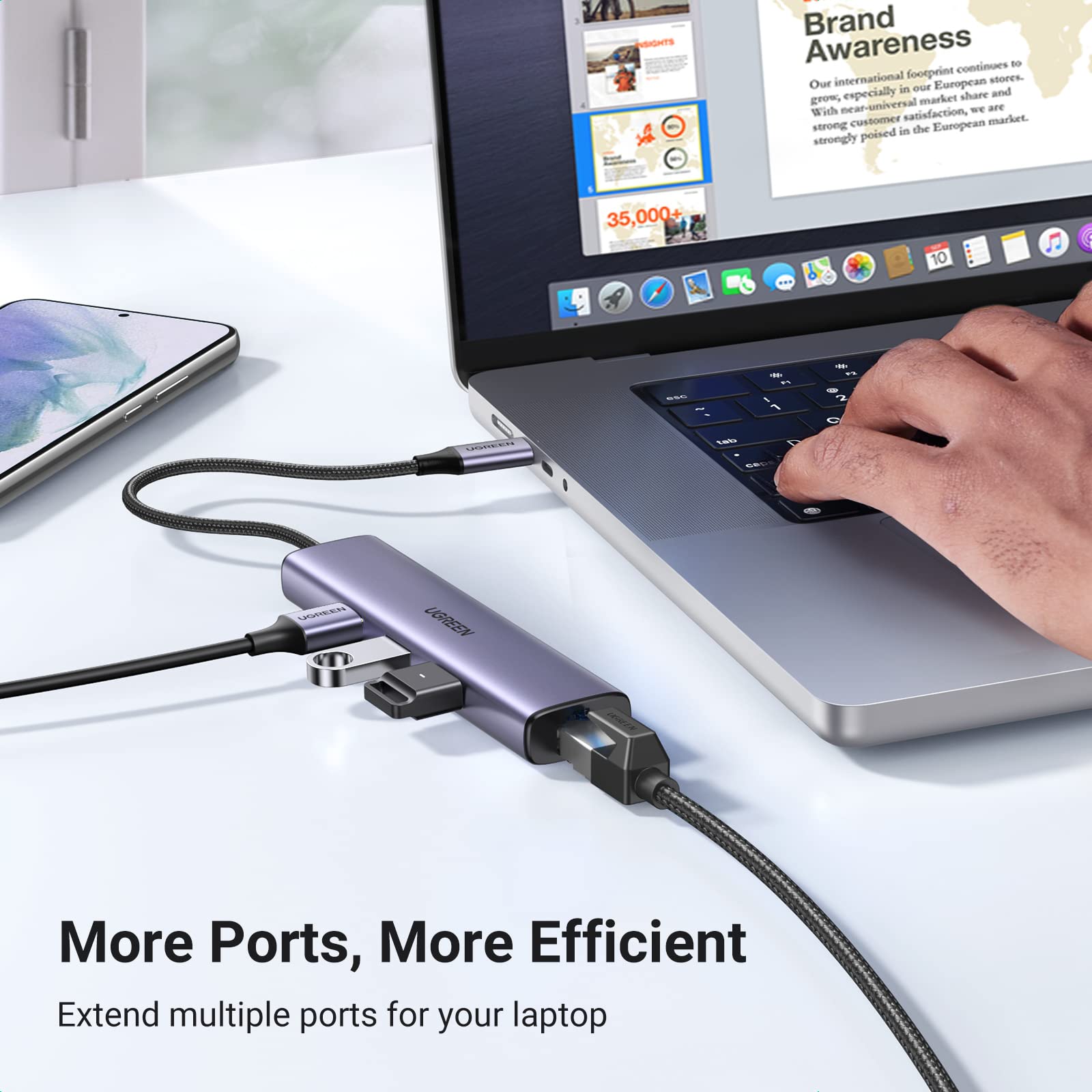UGREEN USB C Hub with Ethernet - 4-in-1 USB C to Gigabit Ethernet Adapter with RJ45 LAN Port & 3 USB 3.0 Ports (5Gbps) - Compatible with MacBook Pro, iPhone 15 Pro, Steam Deck, Nintendo Switch, External Hard Drives & More - Perfect for Home Office, Gaming & Travel Connectivity