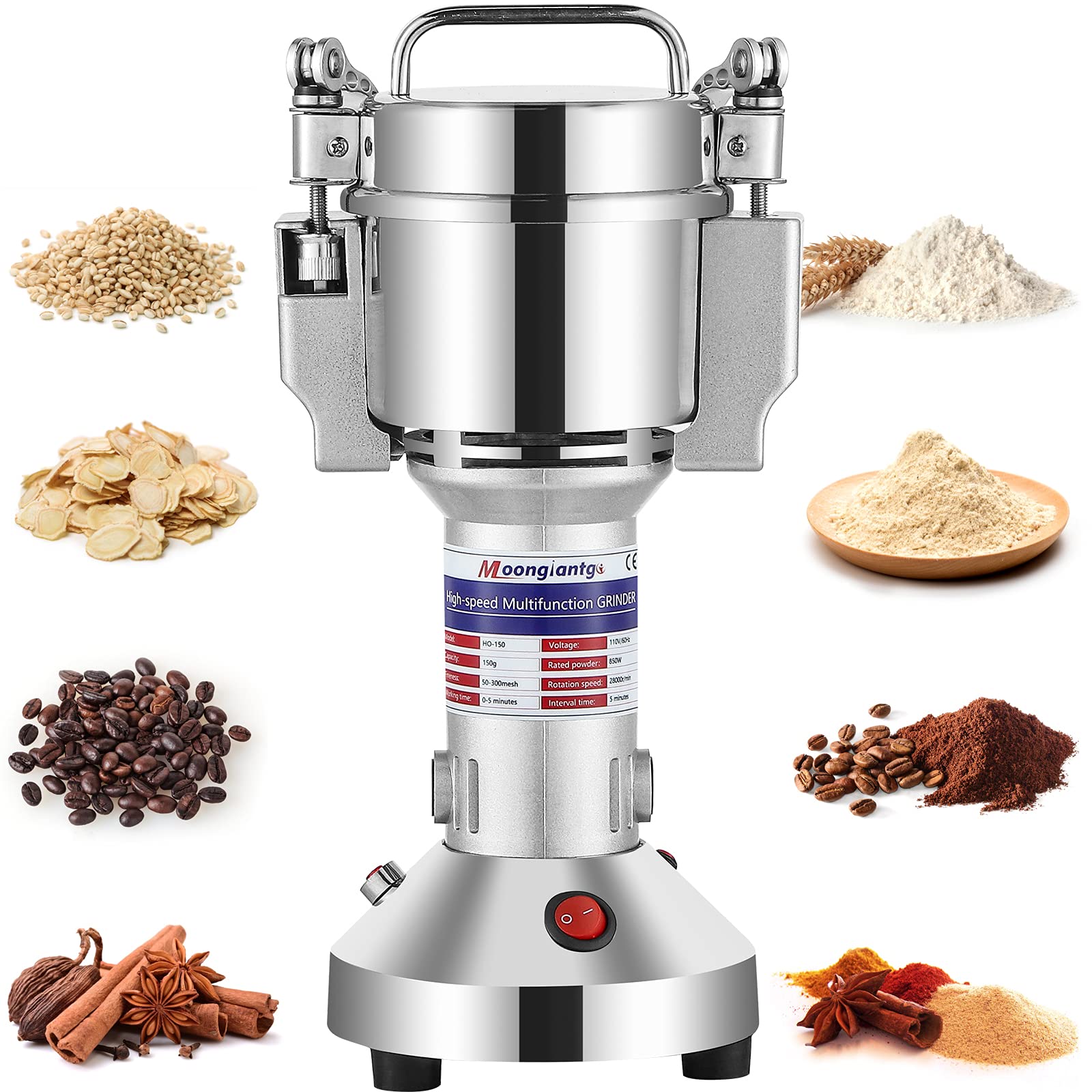 Moongiantgo 150g Electric Grain Grinder Mill - 220V Stainless Steel Herb & Spice Grinder, 50-300 Mesh Powder Machine for Cereal, Grains, Coffee, Nuts - Perfect for Home Kitchen & Commercial Use