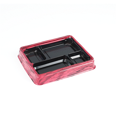 Bento Tek 15 oz Rectangle Red and Black Plastic Bento Box with 4 Compartments - 8.75
