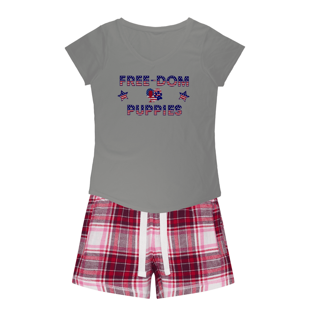 WineyBitches.Co Freedom Puppies Girls Sleepy Tee and Flannel Shorts - Cute Pajama Set for Girls, Comfortable Sleepwear for Kids, Cozy Loungewear for Sleepovers & Playdates