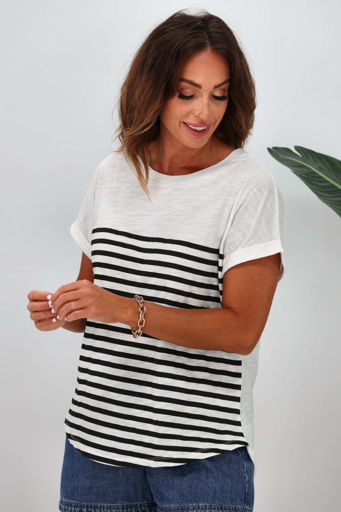 Betty Basics Hailey Short Sleeve T-Shirt for Women - White & Black Striped Cotton Tee | Casual Everyday Wear, Summer Outfits, Layering Essential