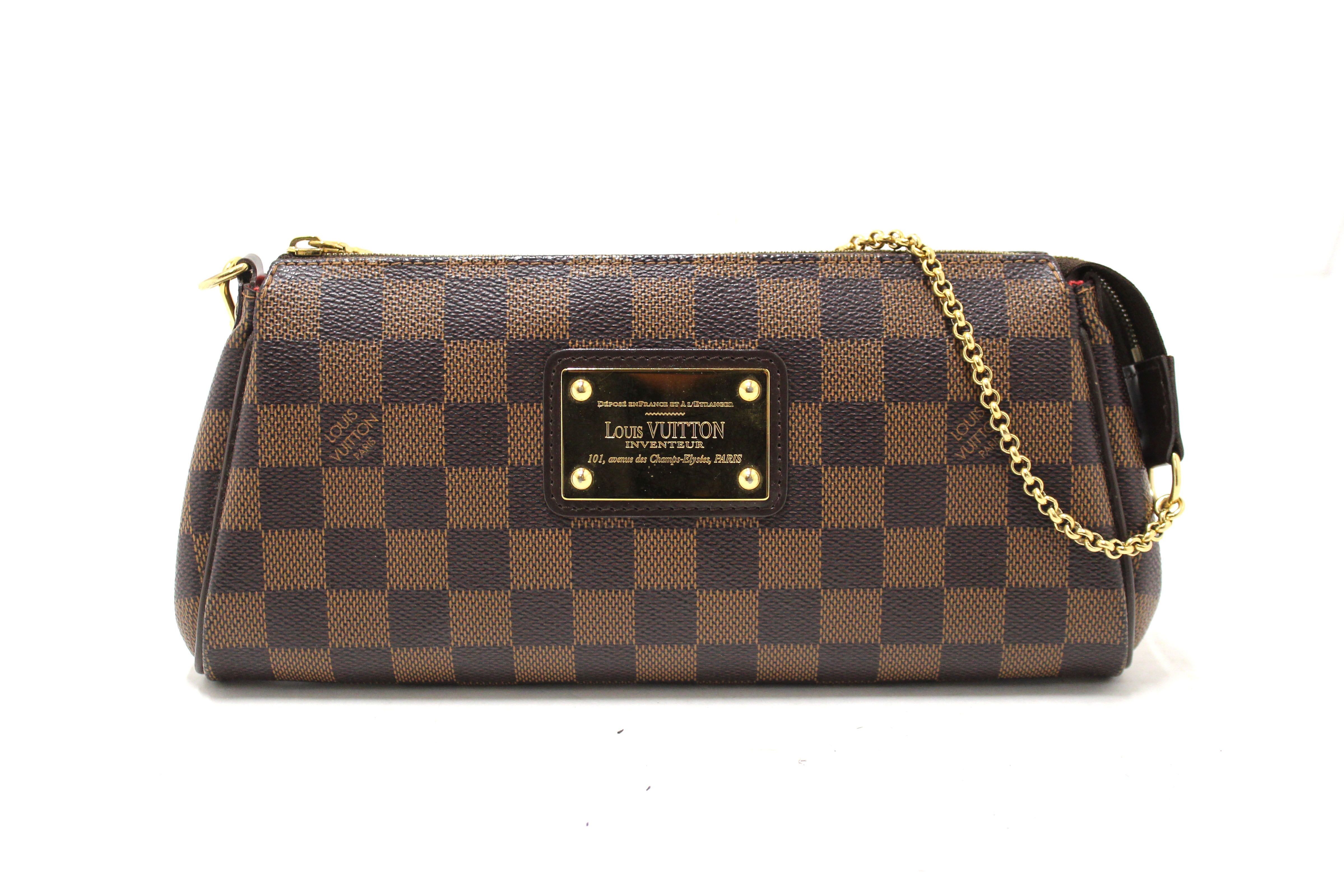 Authentic Louis Vuitton Damier Ebene Canvas Eva Clutch Bag for Women - Luxury Crossbody Purse with Gold-Tone Hardware, Perfect for Evening Parties, Date Nights & Special Occasions