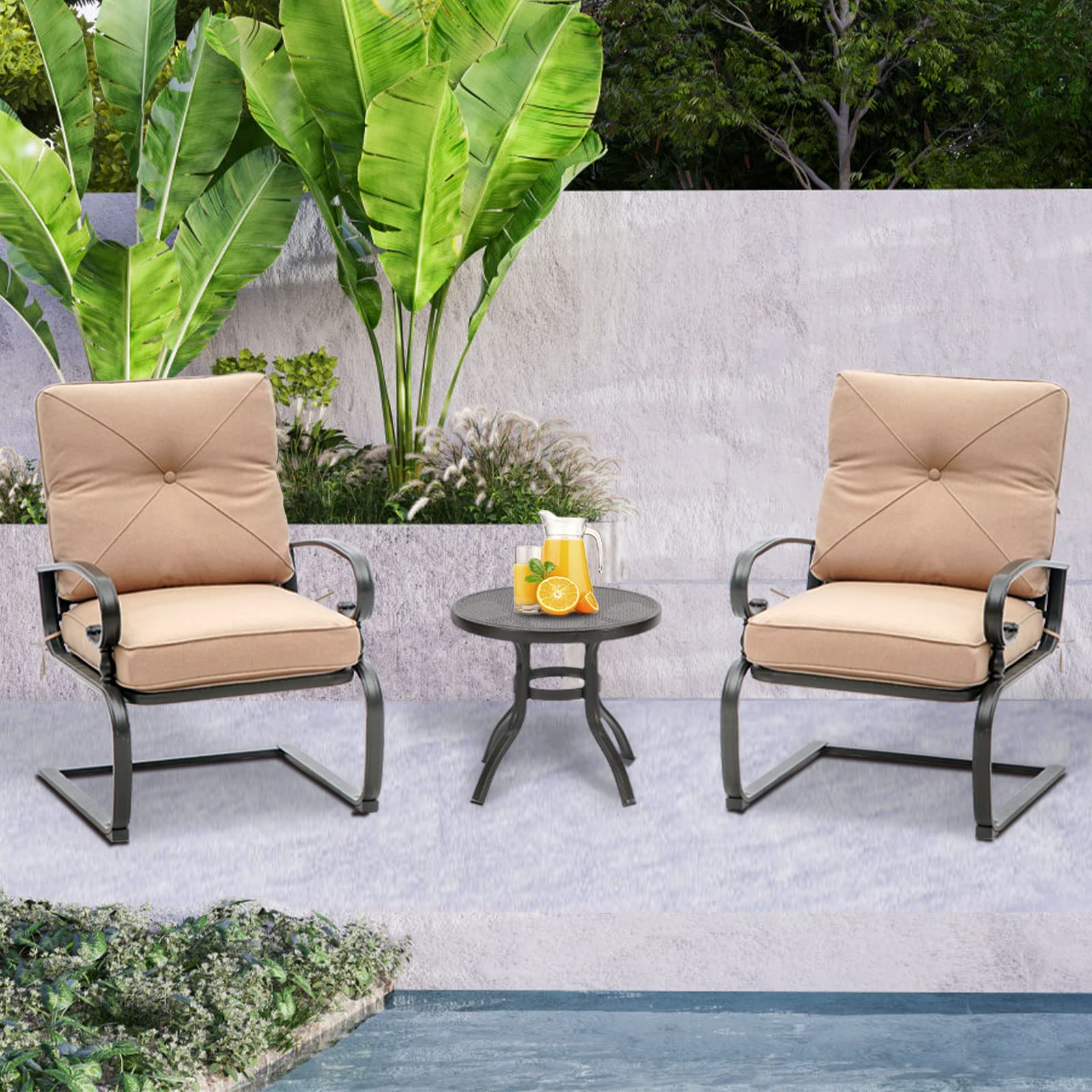 Crownland 3-Piece Patio Bistro Set - Wrought Iron Outdoor Dining Table & Cushioned Chairs - Brown Metal Cafe Furniture for Garden, Balcony, Backyard