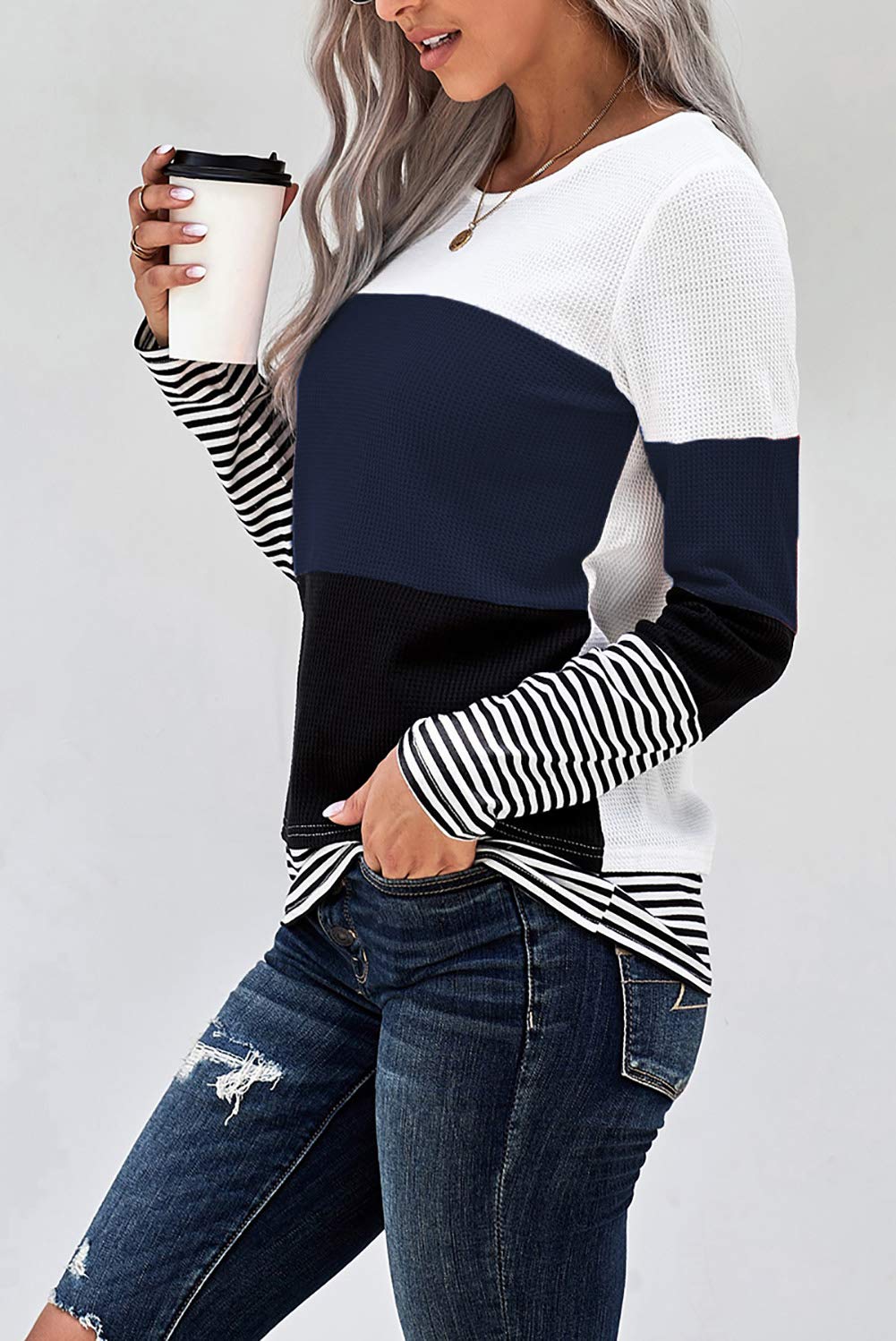 KINGFEN Women's Long Sleeve Color Block Striped Crewneck T-Shirt | Waffle Knit Casual Sweater Top | Perfect for Fall Layering, Office Wear & Weekend Outfits