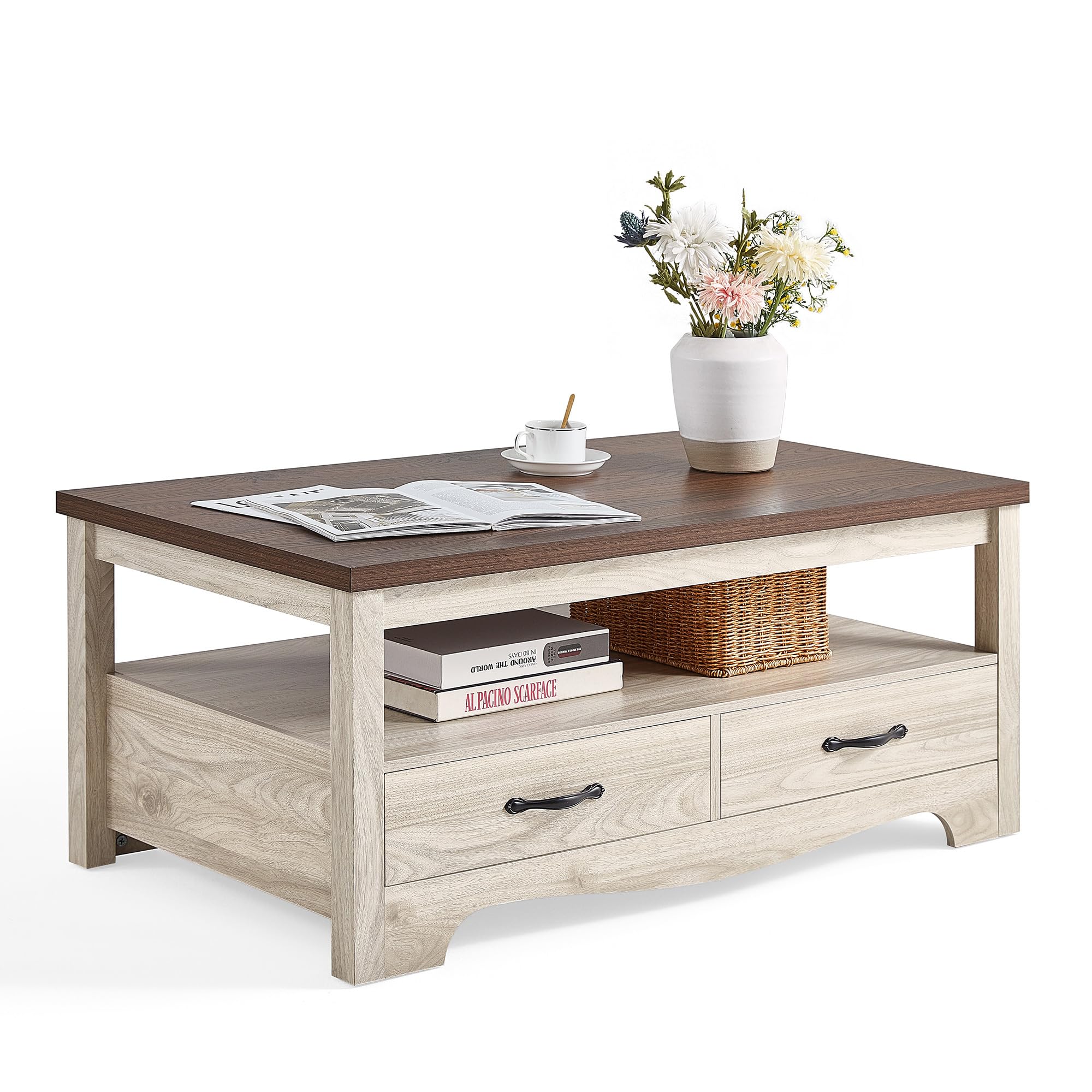 Farmhouse Coffee Table with Storage - Rustic Wood Living Room Table with Open Display Shelf & Drawers, Metal Handles, Curved Base - Oak Brown Finish - Perfect for Farmhouse, Cottage & Modern Home Decor