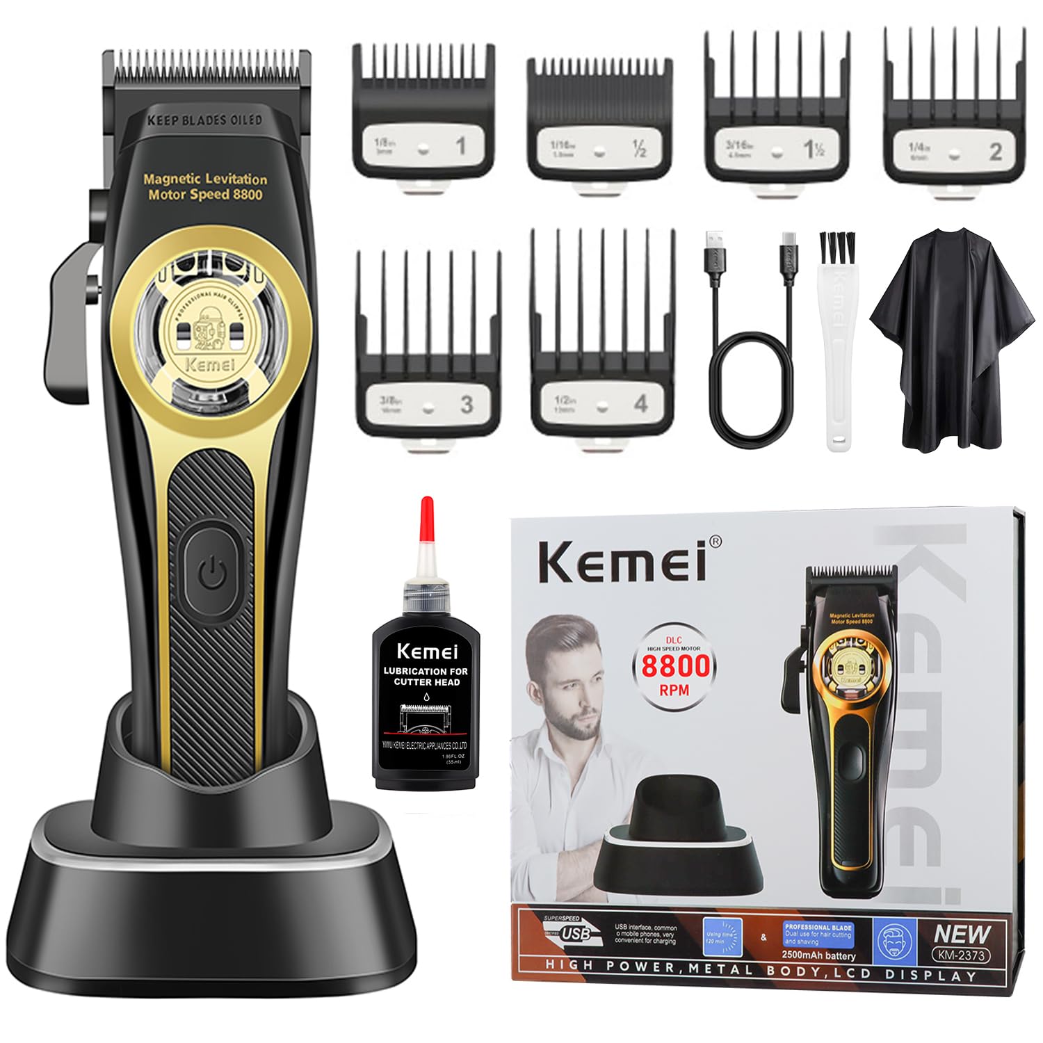 KEMEI 2373 Professional Cordless Hair Clipper for Men - Maglev Brushless Motor, Adjustable DLC Blade Barber Machine - Perfect for Home Haircuts, Salon Styling & Beard Trimming