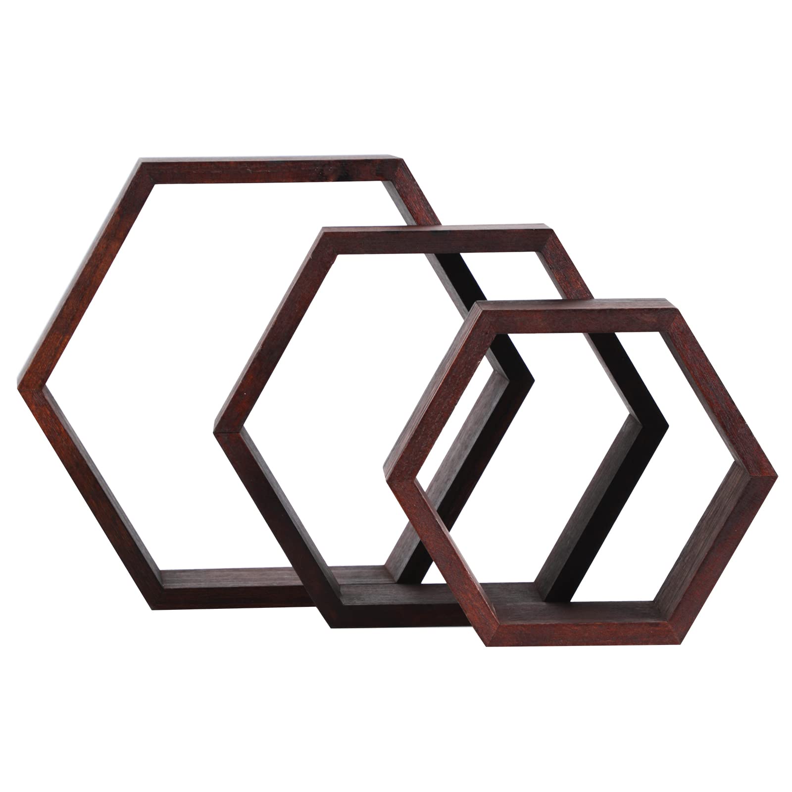 PHOENANCEE Hexagon Floating Shelves Set of 3 - Honeycomb Wall Shelves for Home Decor, Wooden Farmhouse Hexagonal Storage Shelves for Living Room, Bedroom, Kitchen & Office (Walnut) - Perfect for Displaying Photos, Plants and Decorative Items