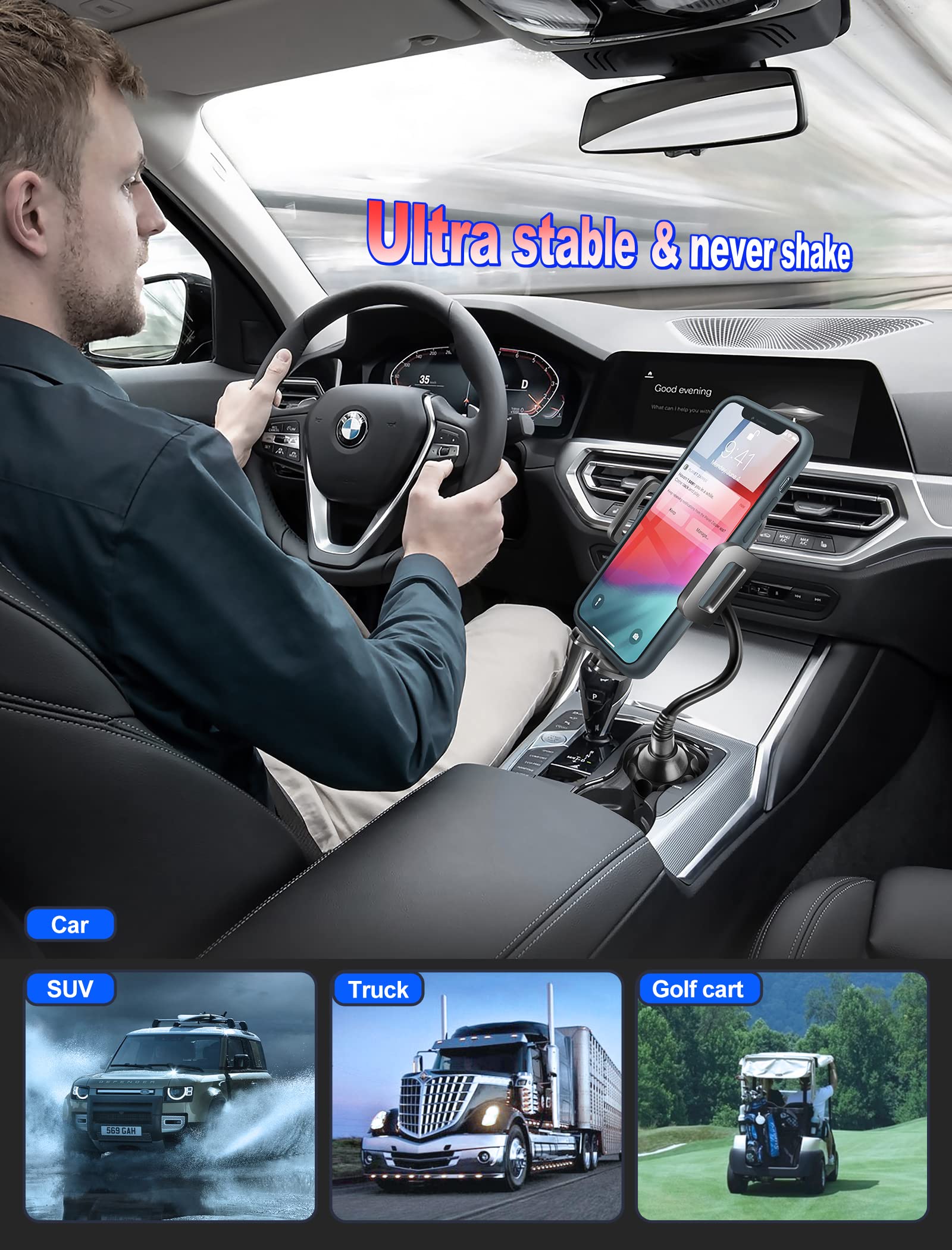 Upgraded Car Cup Phone Mount Holder - Adjustable Gooseneck Car Cup Holder Phone Stand for iPhone 14 Pro Max/14/13/12/11/X/8/7/6s, Samsung S23/S22/S21/S20 Ultra/Note 20/10/S8 Plus/S7 Edge - Perfect for Road Trips, Commuting & Hands-Free Navigation (Black & Grey)