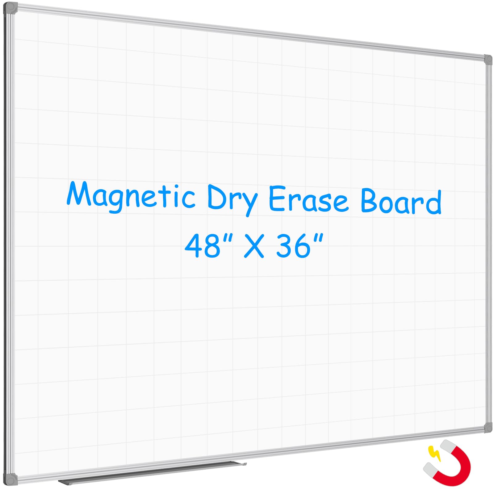 JILoffice 48x36 Inch Magnetic Dry Erase Whiteboard with Grid Pattern - Silver Aluminum Frame & Detachable Marker Tray - Perfect for Office, Classroom, Home Office & Meeting Room Organization