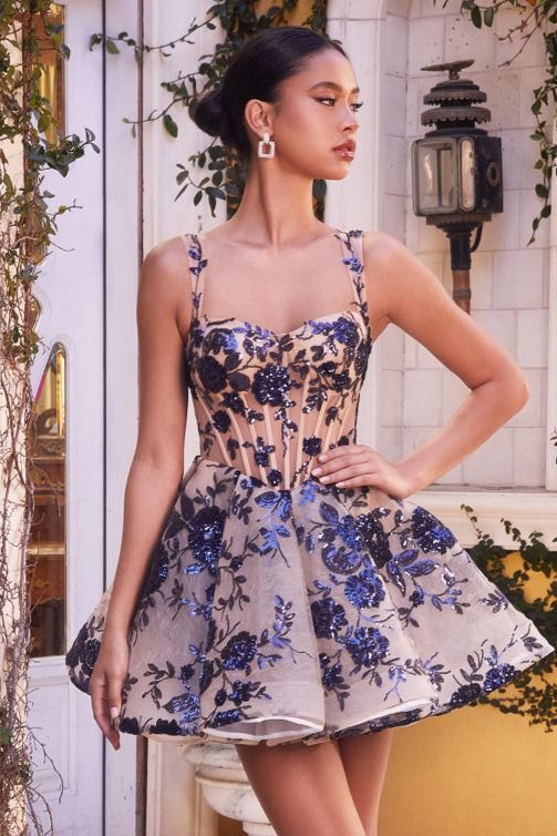Andrea & Leo Women's A1347 Floral Sequin Short A-Line Dress - Perfect for Parties, Weddings & Special Occasions