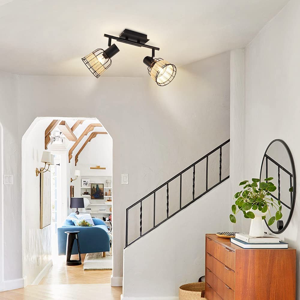 Depuley 2-Way Adjustable Spotlight Ceiling Light with Swivel Heads - Hollow Design Iron Rattan Lampshade - Modern Black Spot Lights for Kitchen, Living Room, Bedroom - Perfect for Ambient & Task Lighting
