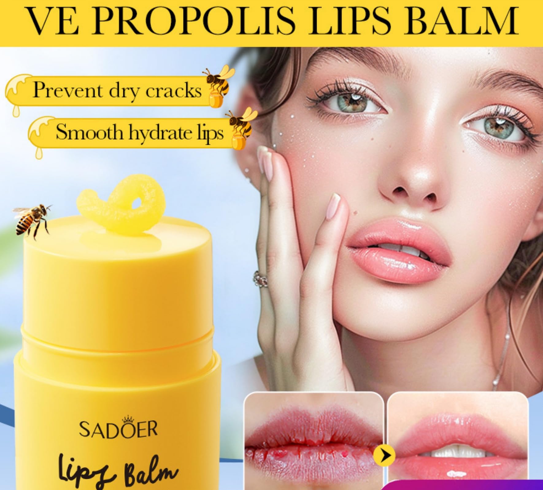 SADOER 2 Pack Propolis Lip Balm - Hydrating & Brightening Lip Care Treatment for Dry Chapped Lips - Natural Moisturizing Lip Balm for Day & Night Use