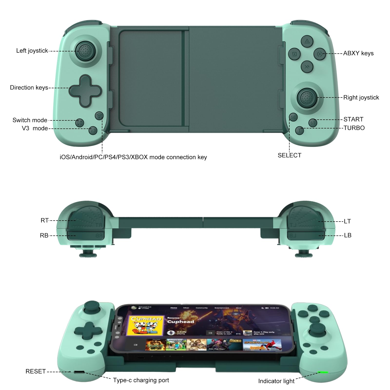 Wireless Gamepad for iPhone Android PC - 6-Axis Gyro & Dual Motors - Green - Perfect for Cloud Gaming & Console Streaming