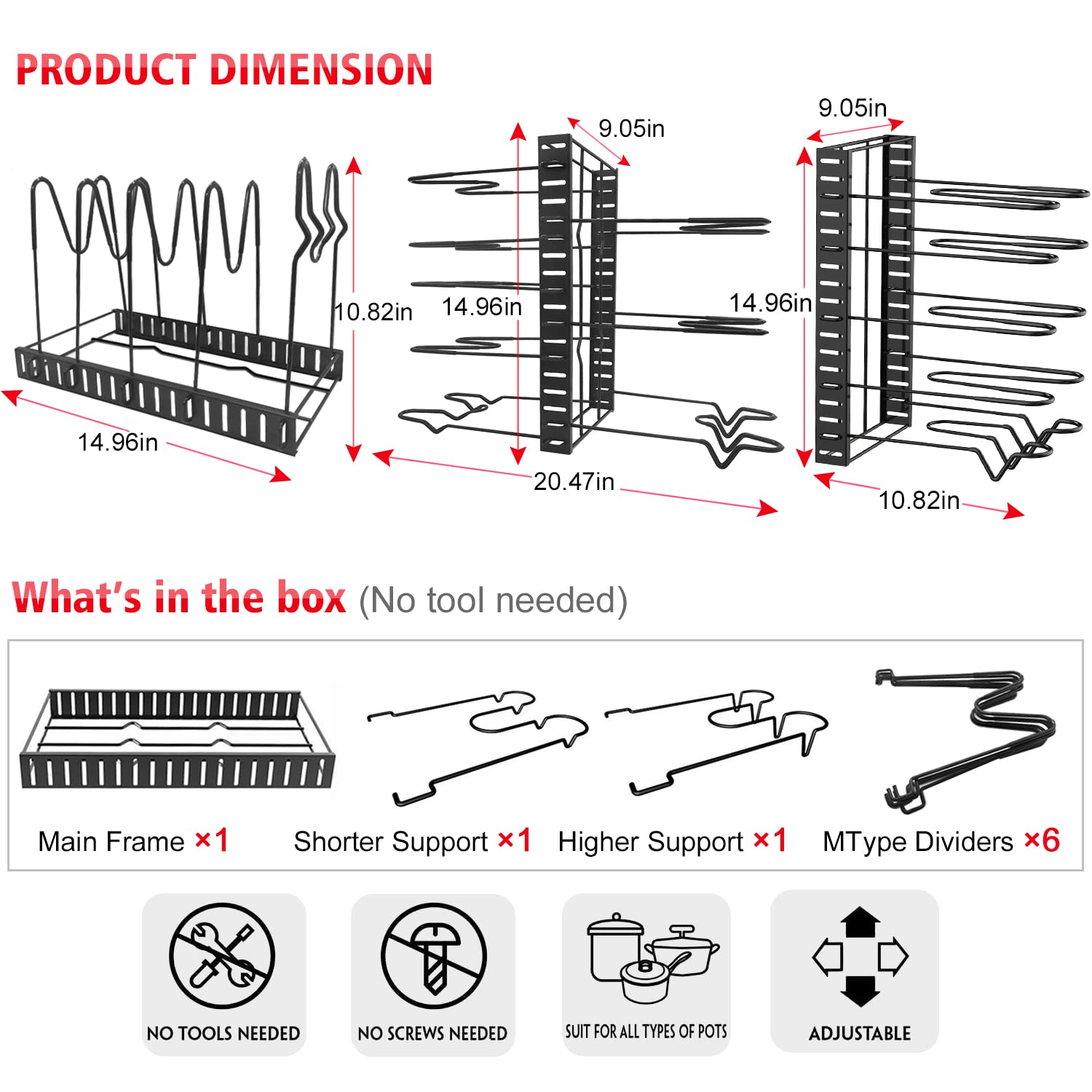 G-TING 8-Tier Adjustable Pot and Pan Organizer Rack with Lid Holder - Space Saving Kitchen Storage Solution for Pots, Pans & Cookware Lids - Perfect for Small Kitchens, RVs & Apartment Cooking Spaces