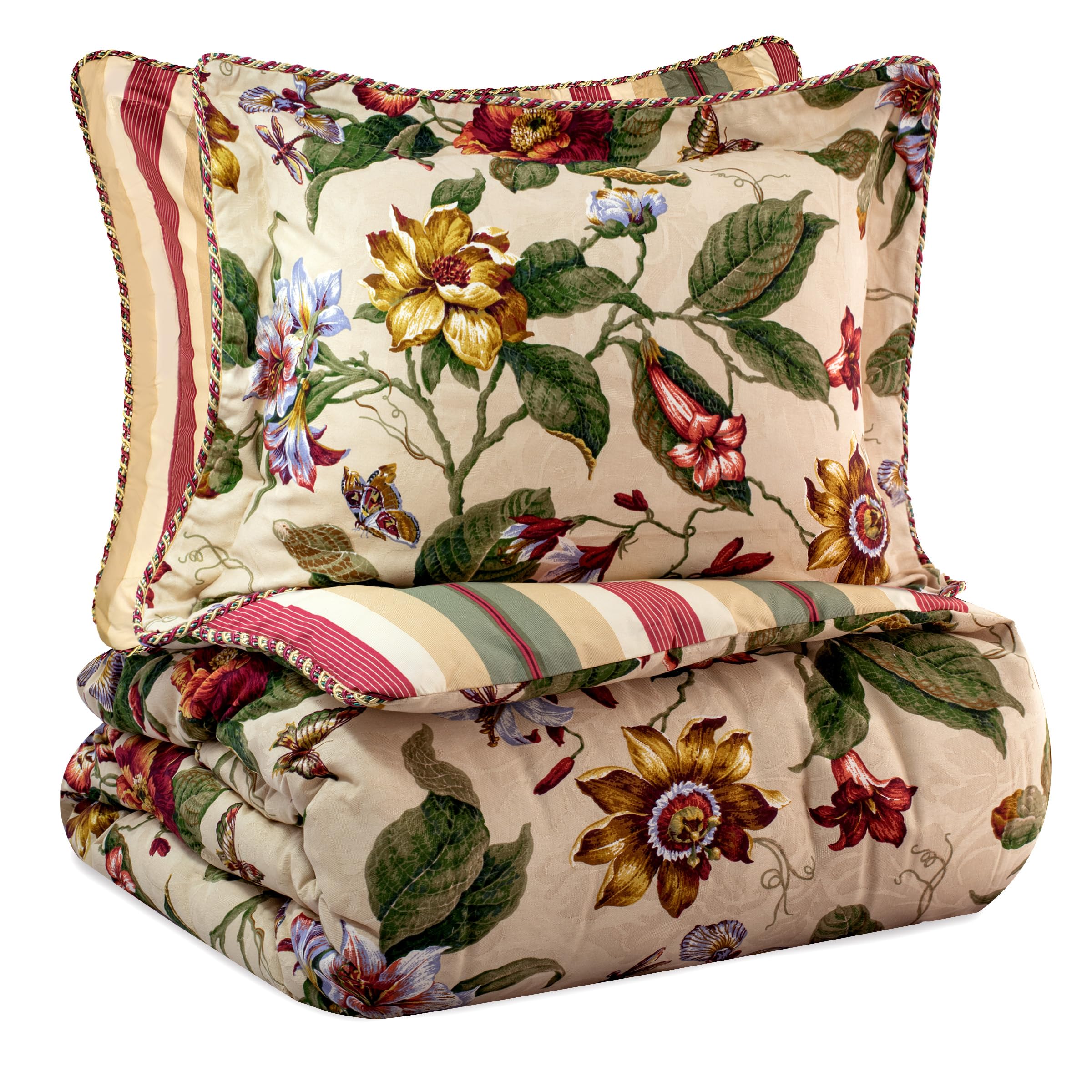 Waverly Laurel Springs Modern Farmhouse Floral 3-Piece Reversible Quilt Bedding Set - Full/Queen Size in Parchment | Cozy Farmhouse Bedroom Decor for Master & Guest Rooms