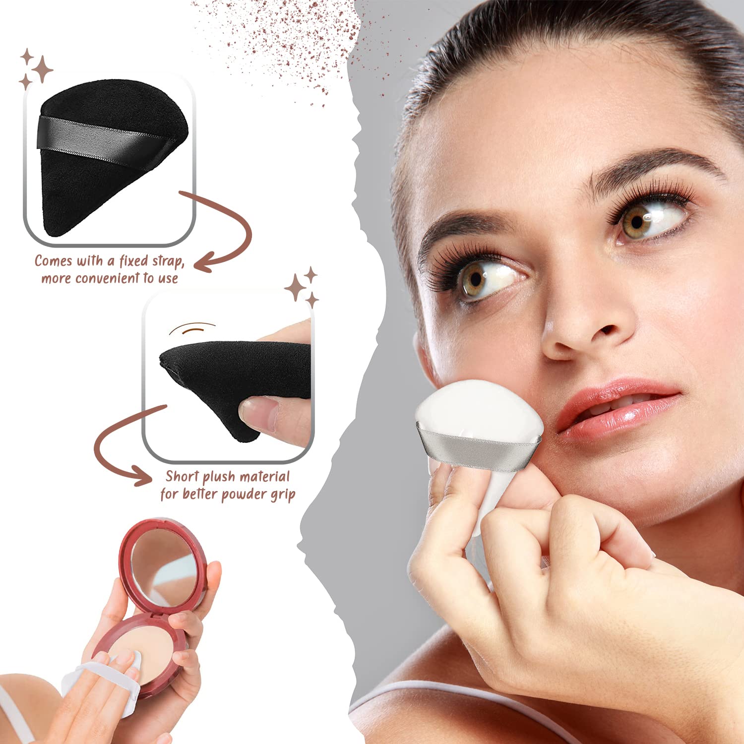 QLines® 4-Piece Triangle Powder Puffs - Soft Reusable Makeup Sponges with Silky Ribbon for Foundation, Pressed & Loose Powder - Ideal for Dry & Wet Makeup Application - Perfect for Travel, Professional Makeup Kits & Everyday Beauty Routine