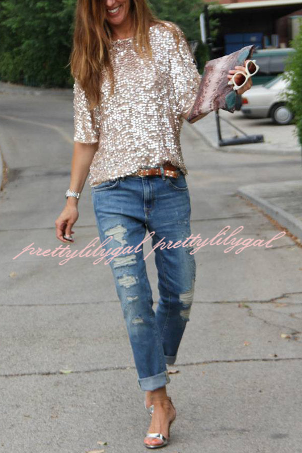 Such A Beauty Sequin Loose T-Shirt for Women | Glitter Party Top | Casual & Night Out Blouse | Perfect for Club, Concert, and Special Occasions