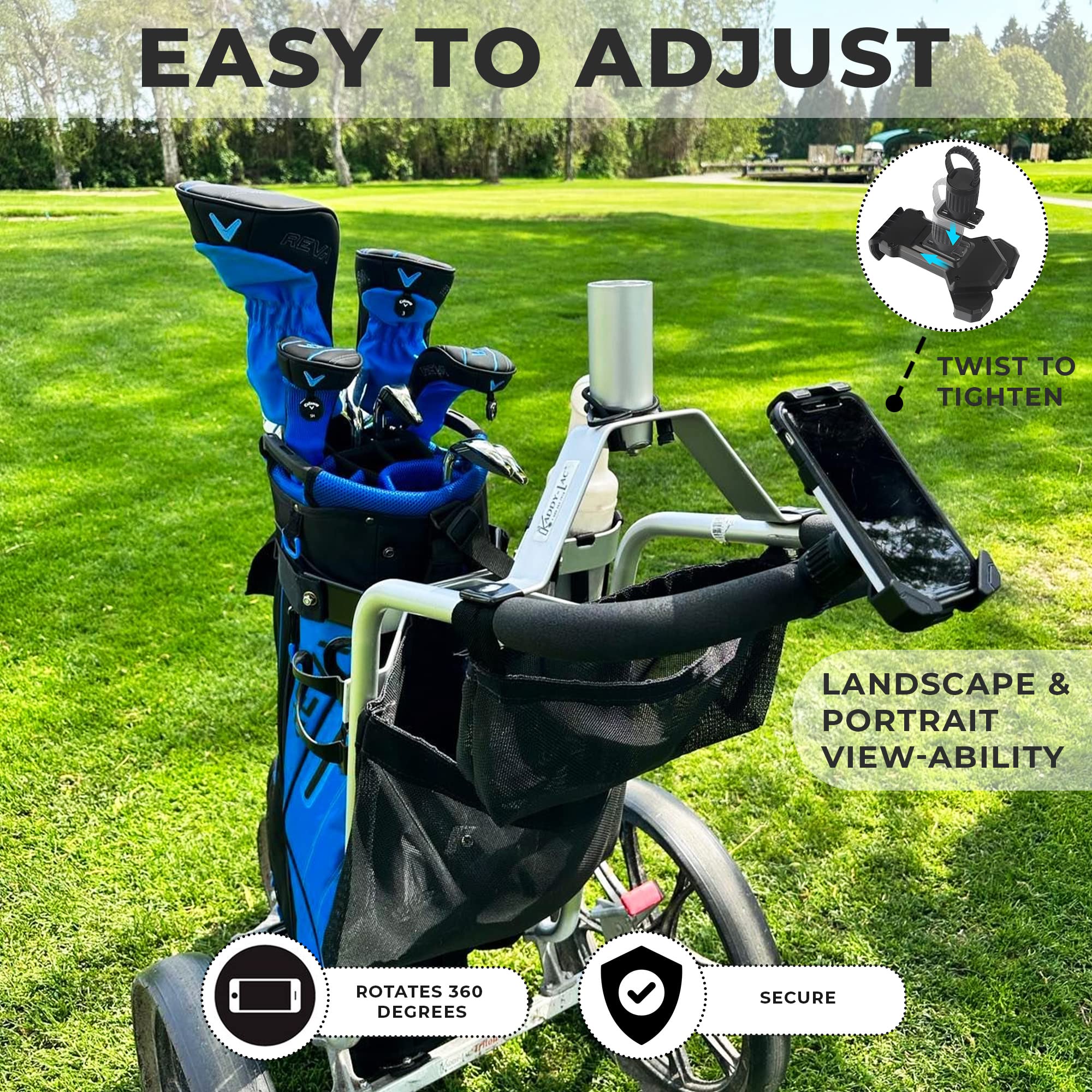 AlphaTailSupplies Golf Cart Phone Holder - Universal Mount for Golf Carts, Push Carts & Alignment Sticks | Secure Cell Phone Mount for Golfing, Biking, Boating & Strollers | Durable Hands-Free Device Holder for Outdoor Activities