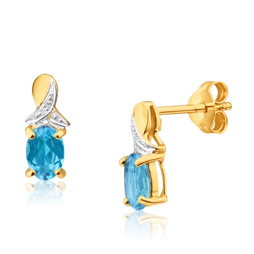 9ct Yellow Gold Blue Topaz and Diamond Stud Earrings - Elegant Jewelry for Women, Perfect for Weddings, Parties & Everyday Wear