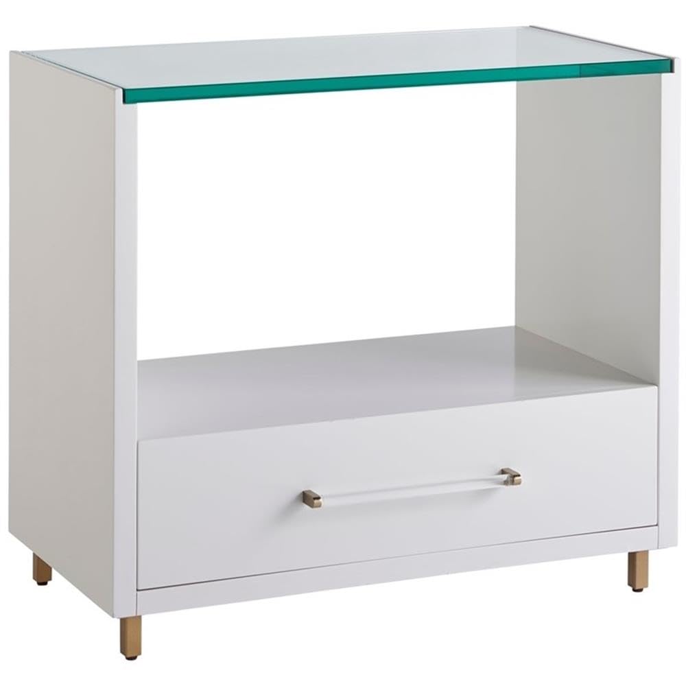White Universal Furniture Mirand Kerr Peony Wood Nightstand with Glass Top - Elegant Bedroom Side Table for Modern Home Decor