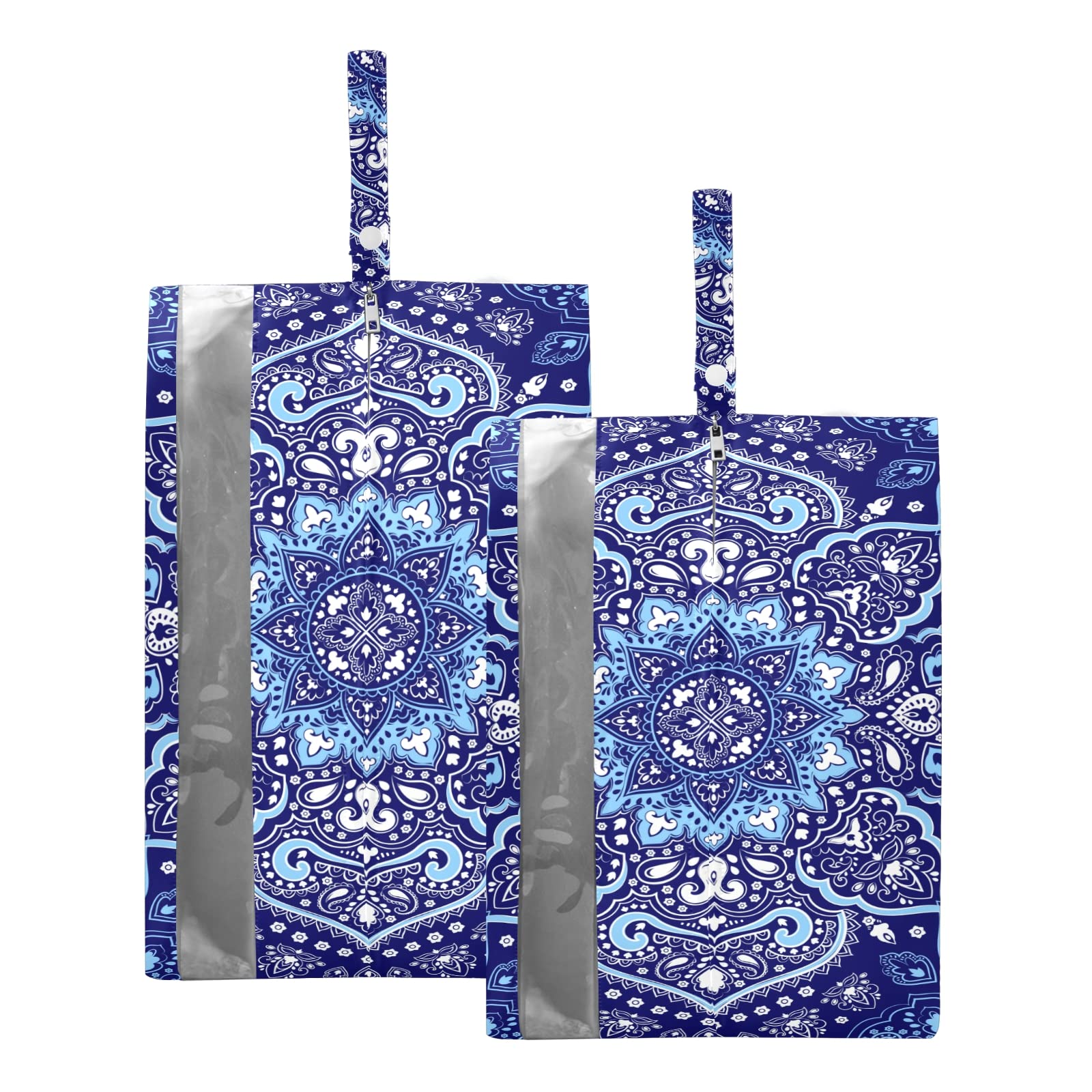 Waterproof Travel Shoe Bags with Zipper Closure - 2 Pack Blue Mandala Floral Shoe Packing Cubes for Organization & Storage | Perfect for Gym, Yoga, Business Trips & Vacation Luggage