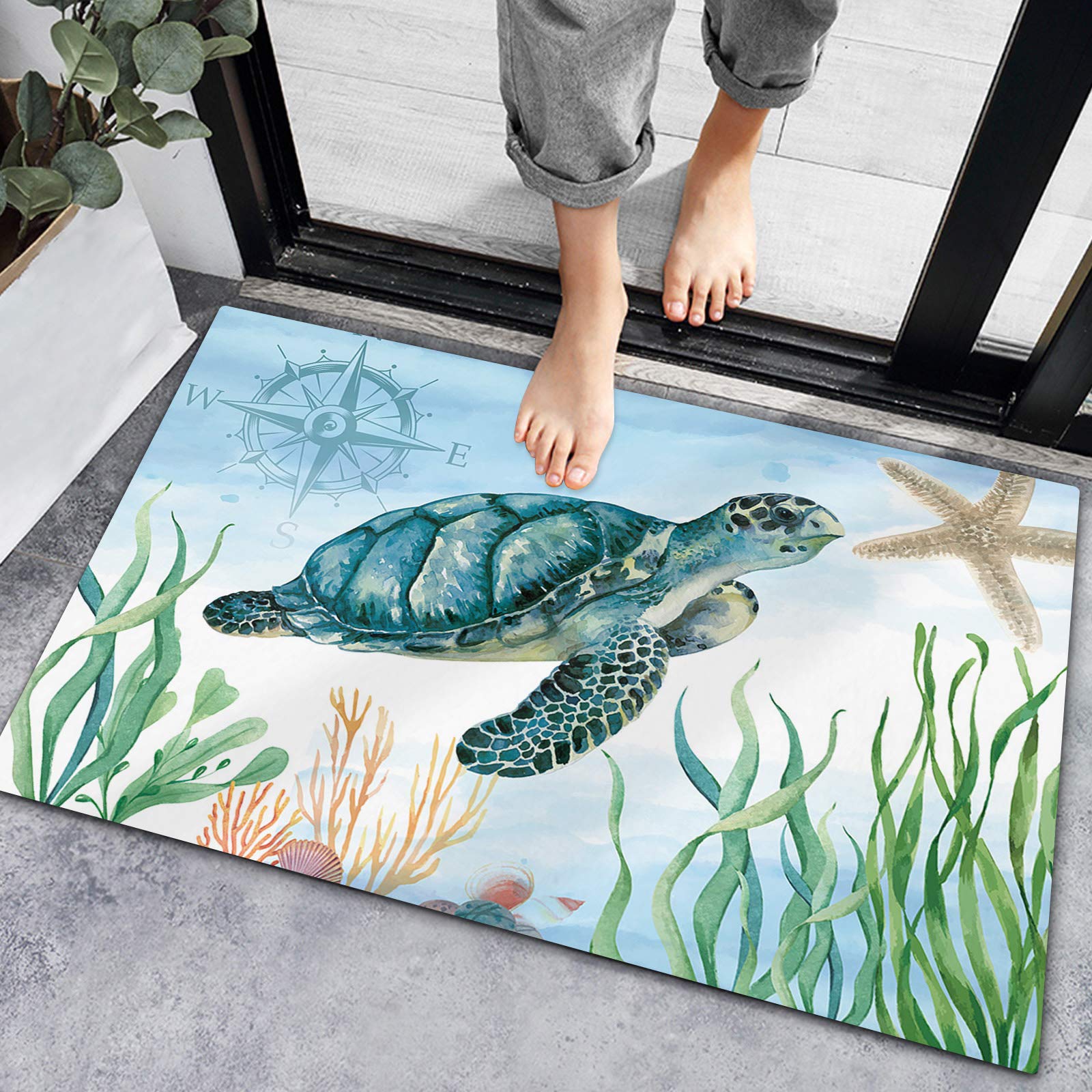 Non-Slip Absorbent Indoor Doormat - Sea Turtle Coral Starfish Ocean Theme Bath Rug for Front Door, Kitchen, Bathroom & Bedroom | Waterproof, Retro Underwater Decor Floor Mat for Home & Living Room | Perfect for Beach House, Coastal Decor & Bathroom Safety