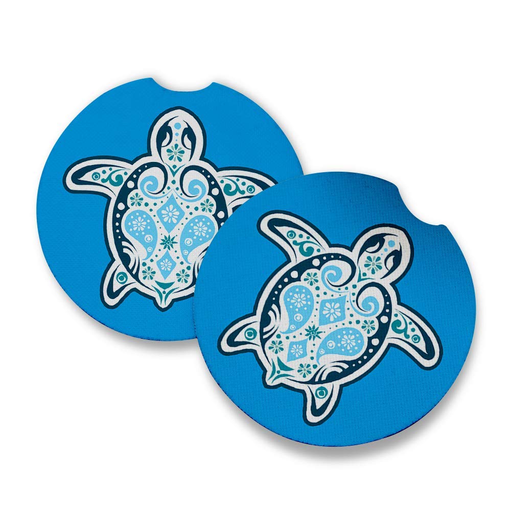 Blue Sea Turtle Car Coasters Set of 2 - Absorbent Drink Coasters with Non-Slip Rubber Backing (2.56 Inches) - Perfect Car Accessories for Coffee, Soda & Beverages - Ideal for Road Trips, Commuting & Daily Driving