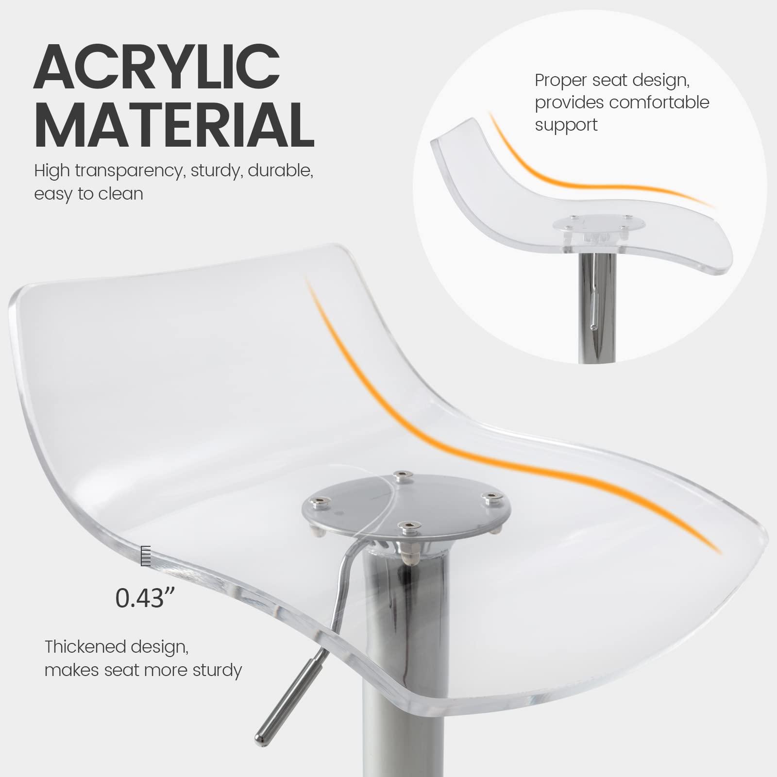 Brage Living Acrylic Bar Stools Set of 2 - Transparent Swivel Adjustable Counter Height Stools with Airlift Mechanism, Low Back Design for Kitchen Island, Dining Room, Home Bar & Cafe (Clear) - Perfect for Modern Homes, Breakfast Nooks & Commercial Spaces