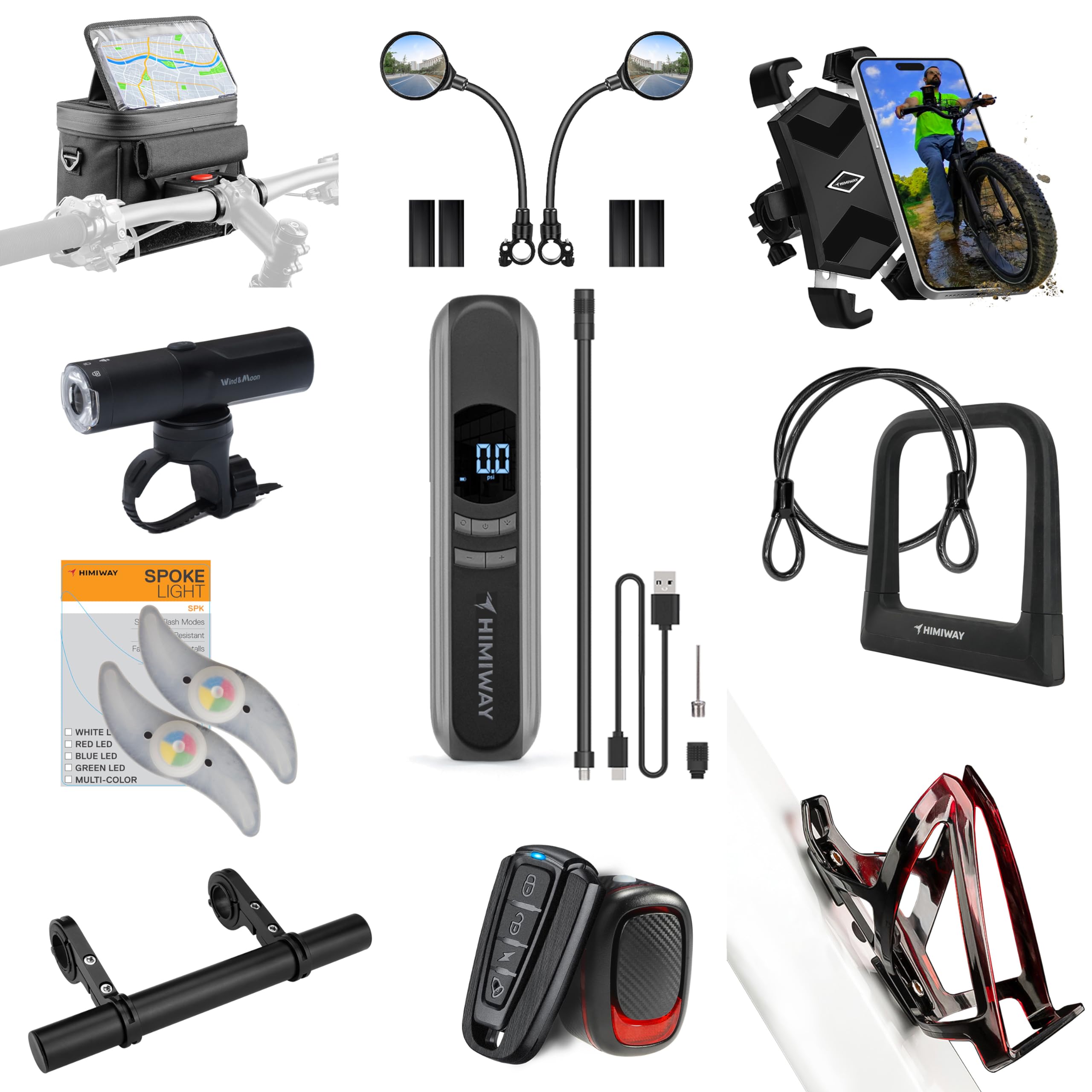 Himiway 10-Piece Bicycle Accessories Kit - Portable Tire Inflator Air Compressor, Bike Handlebar Bag, Lock, Phone Mount, Basket, LED Headlight & Taillight with Alarm - Perfect Gift Set for Cycling Enthusiasts | Great for Commuting, Mountain Biking & Road Trips